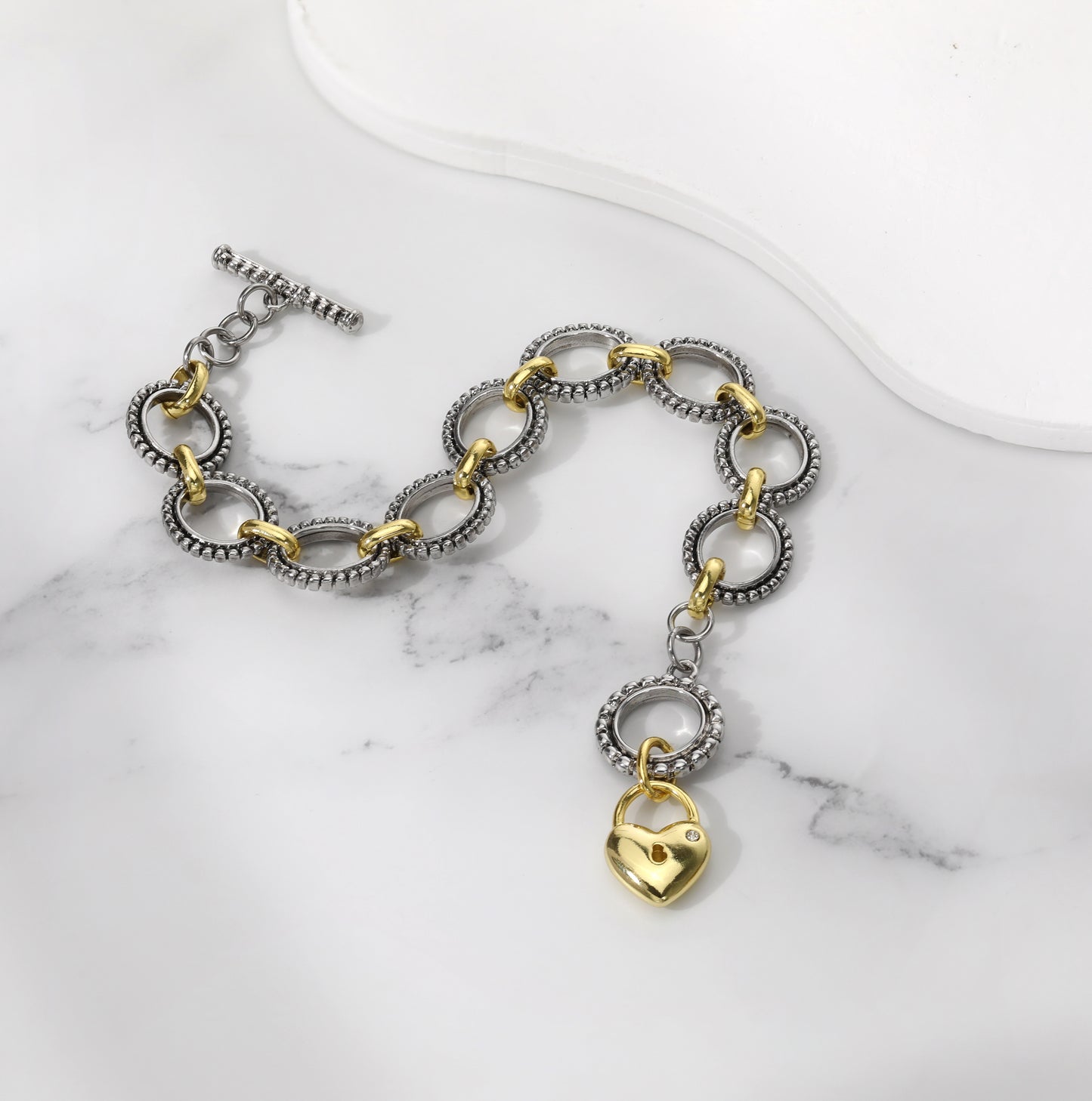 Aprilery Cable Link Bracelet for Women Two Tone Circle Chain Bangle Gold Locks and keys Link Bracelets Trendy Silver and Gold Bracelets Jewelry