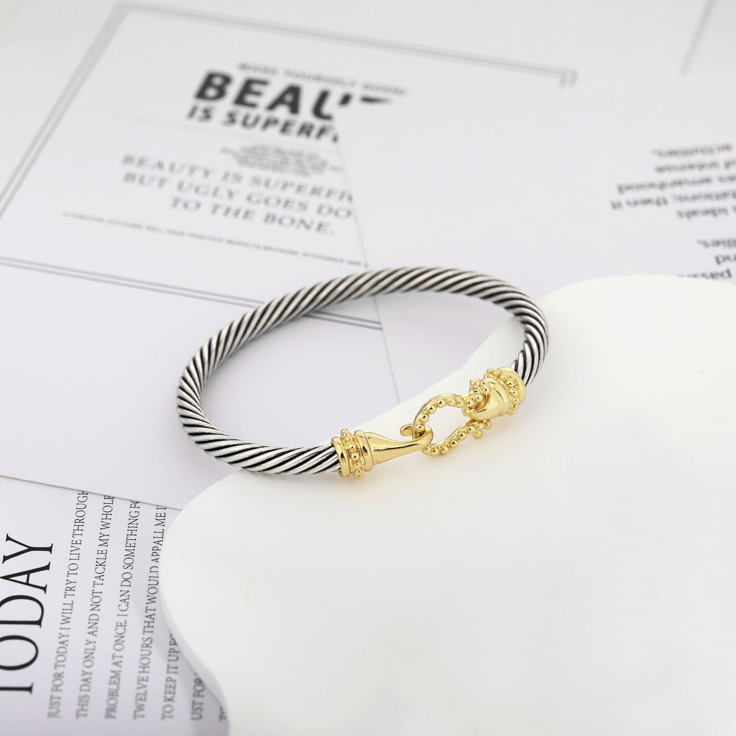 Aprilery Cuff Bracelets for Women Two Tone Cable Bangle Bracelet Twisted Silver Wire - Gold Hook Vintage Mixed Metal Cuff Bracelets Jewelry Gift