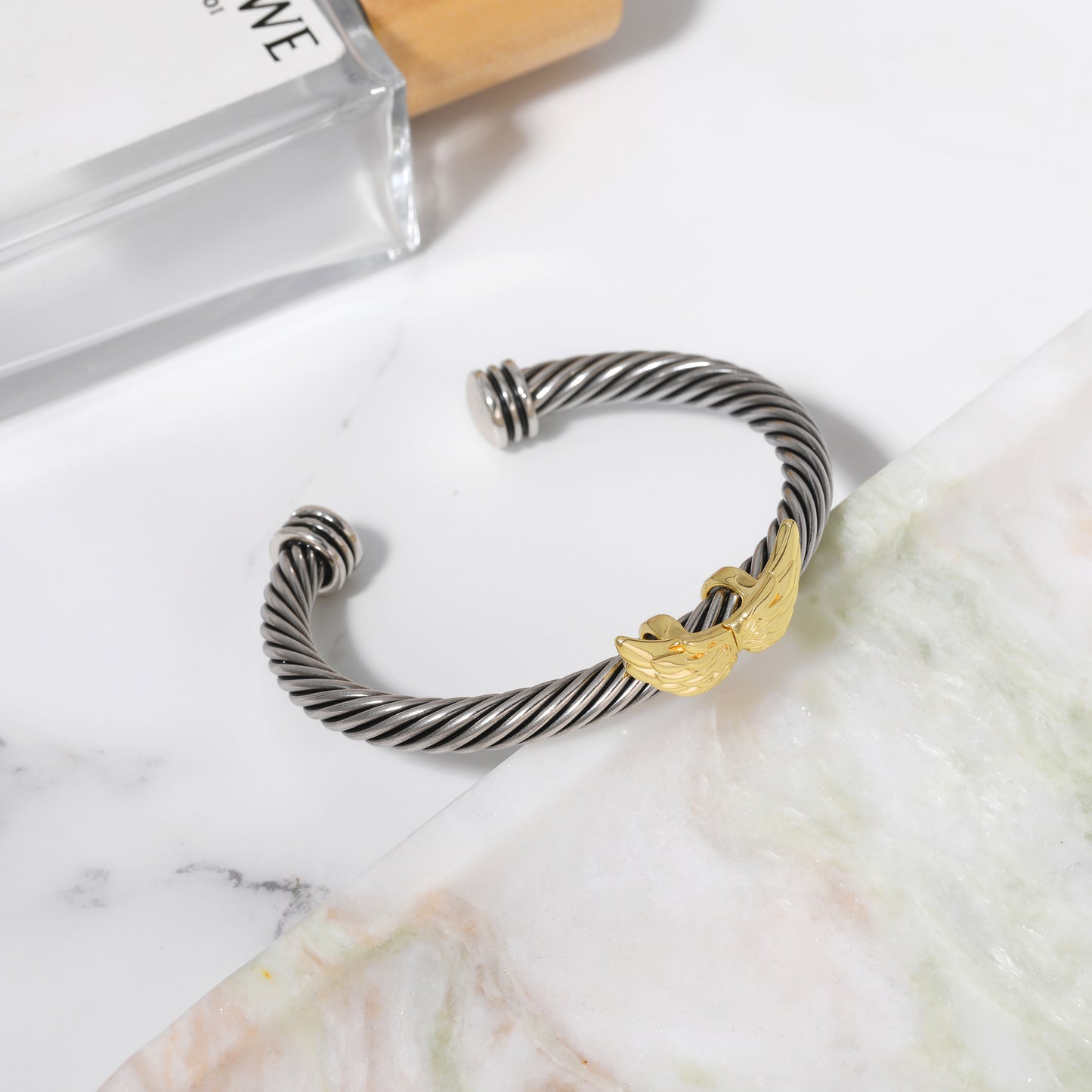Aprilery Cuff Bracelet for Women Silver Wire Twisted Two Tone Cable Bracelet Gold Wings Cuff Bangle Vintage Bracelets Jewelry Gifts