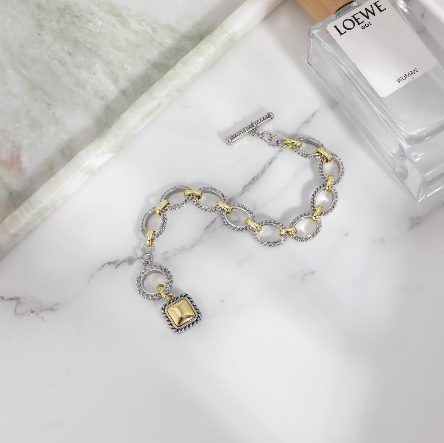 Aprilery Cable Link Bracelet for Women Two Tone Circle Chain Bangle Link Bracelets Trendy Silver and Gold Bracelets Jewelry