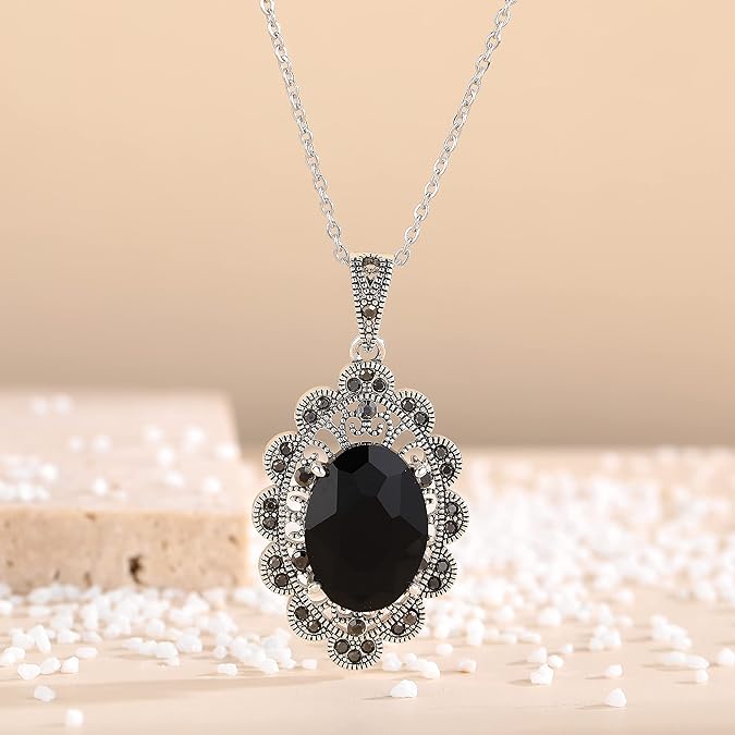 Silver Pendant Necklace for Women, Vintage Black Onyx Gemstone Pendant Necklace Jewelry for Her
