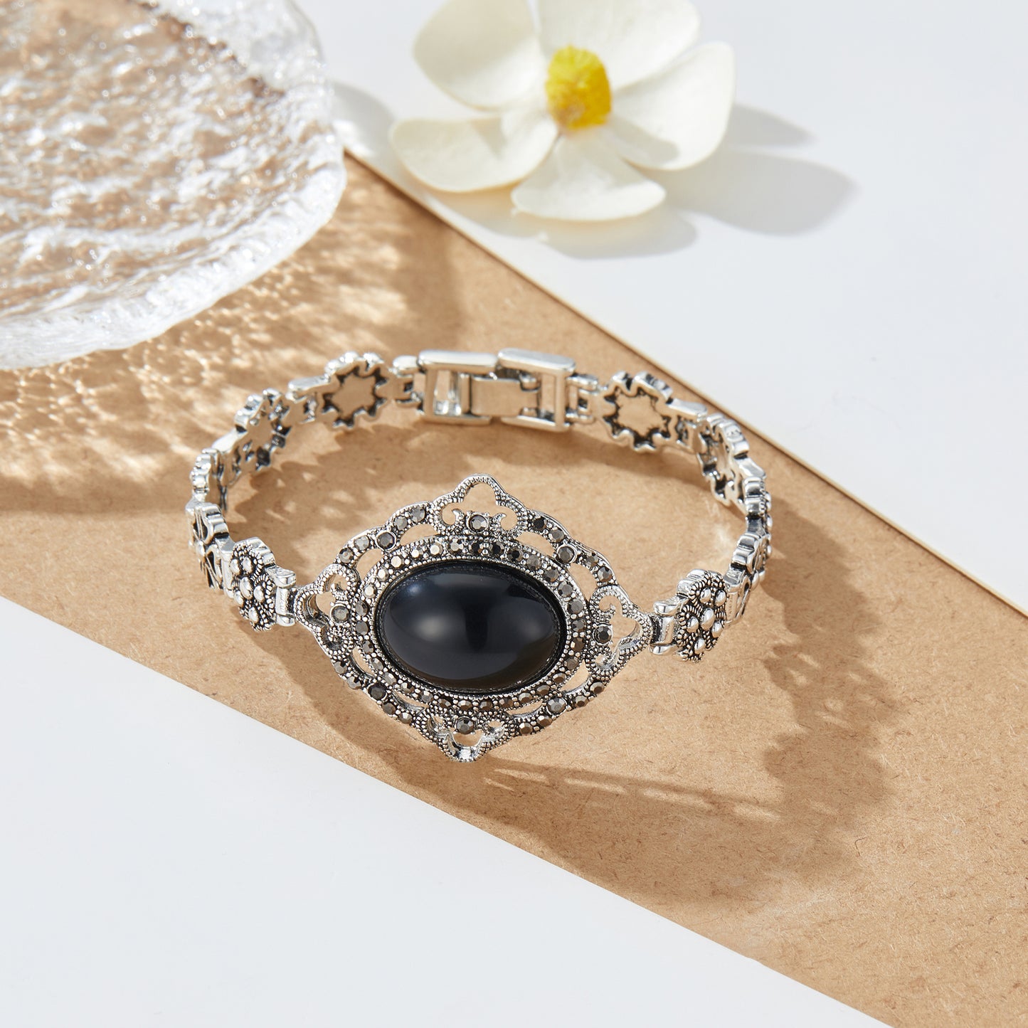 Black Bracelets Onyx Marcasite Cuff Bangle for Women Infinity Bracelets Jewelry with Clasp Gifts for Her