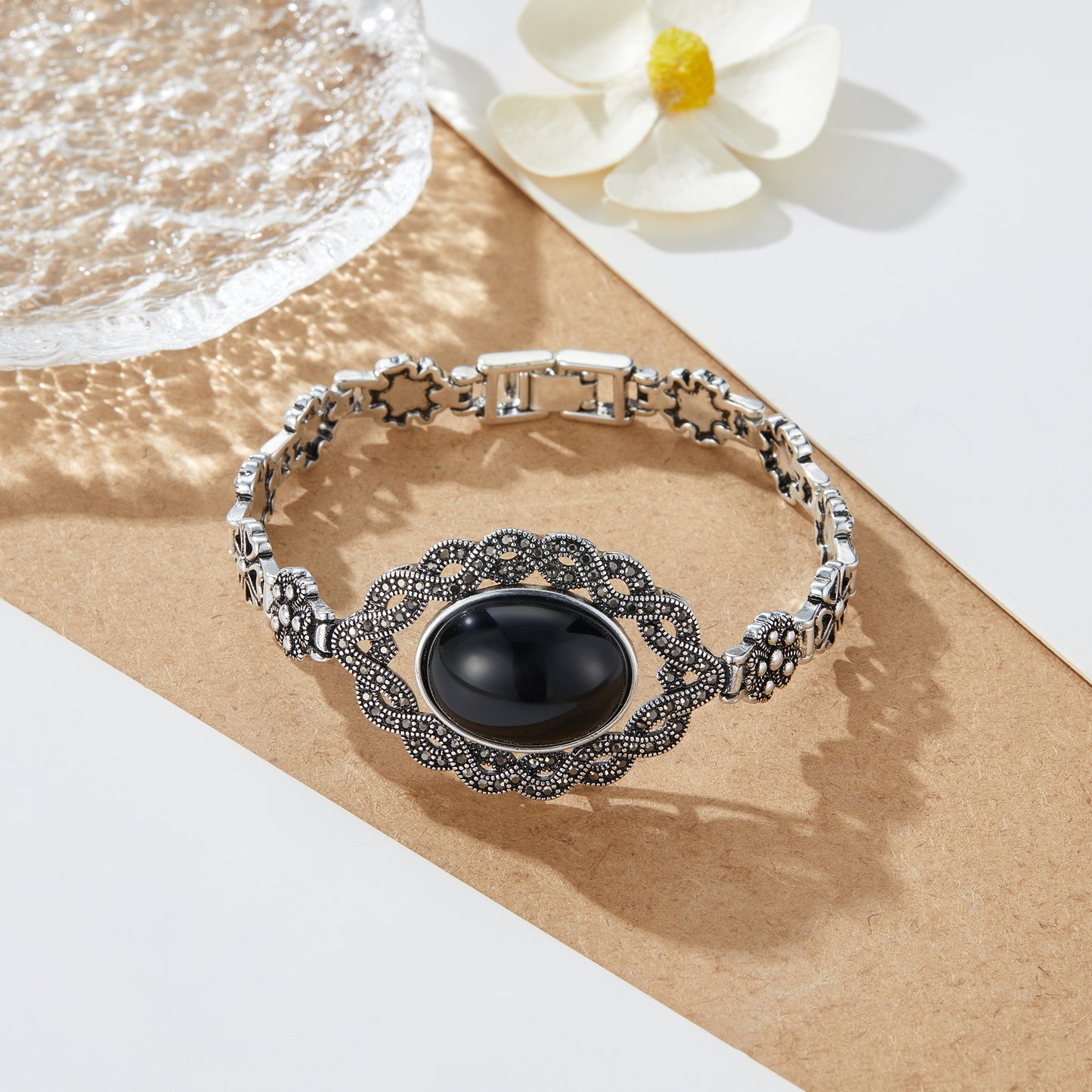 Black Bracelets Onyx Marcasite Cuff Bangle for Women Bracelets Jewelry with Clasp Gifts for Her