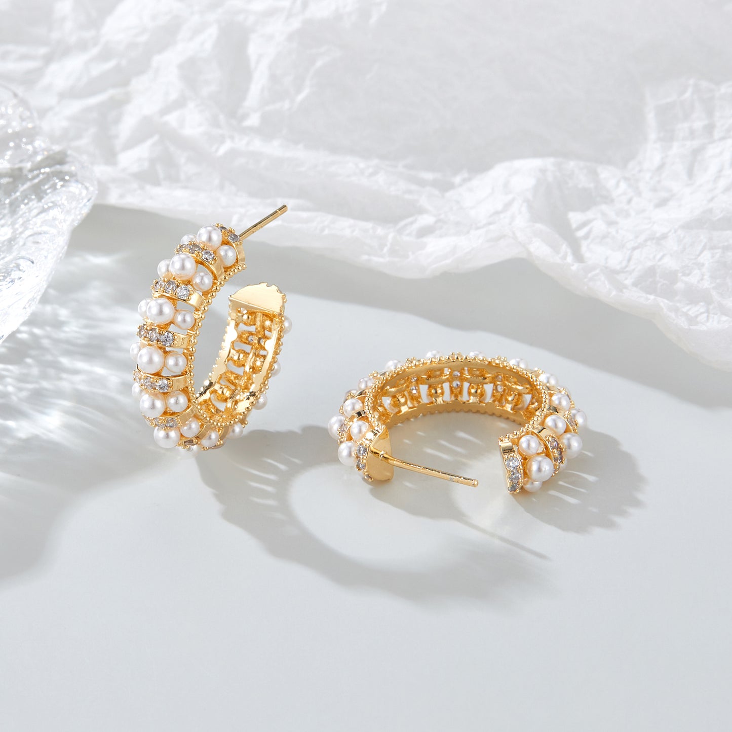 Pearl Hoop Earrings for Women, Trendy 14K Gold Plated Round Pearl Cuff Hoop Earrings Hypoallergenic Statement Earrings Jewelry for Her