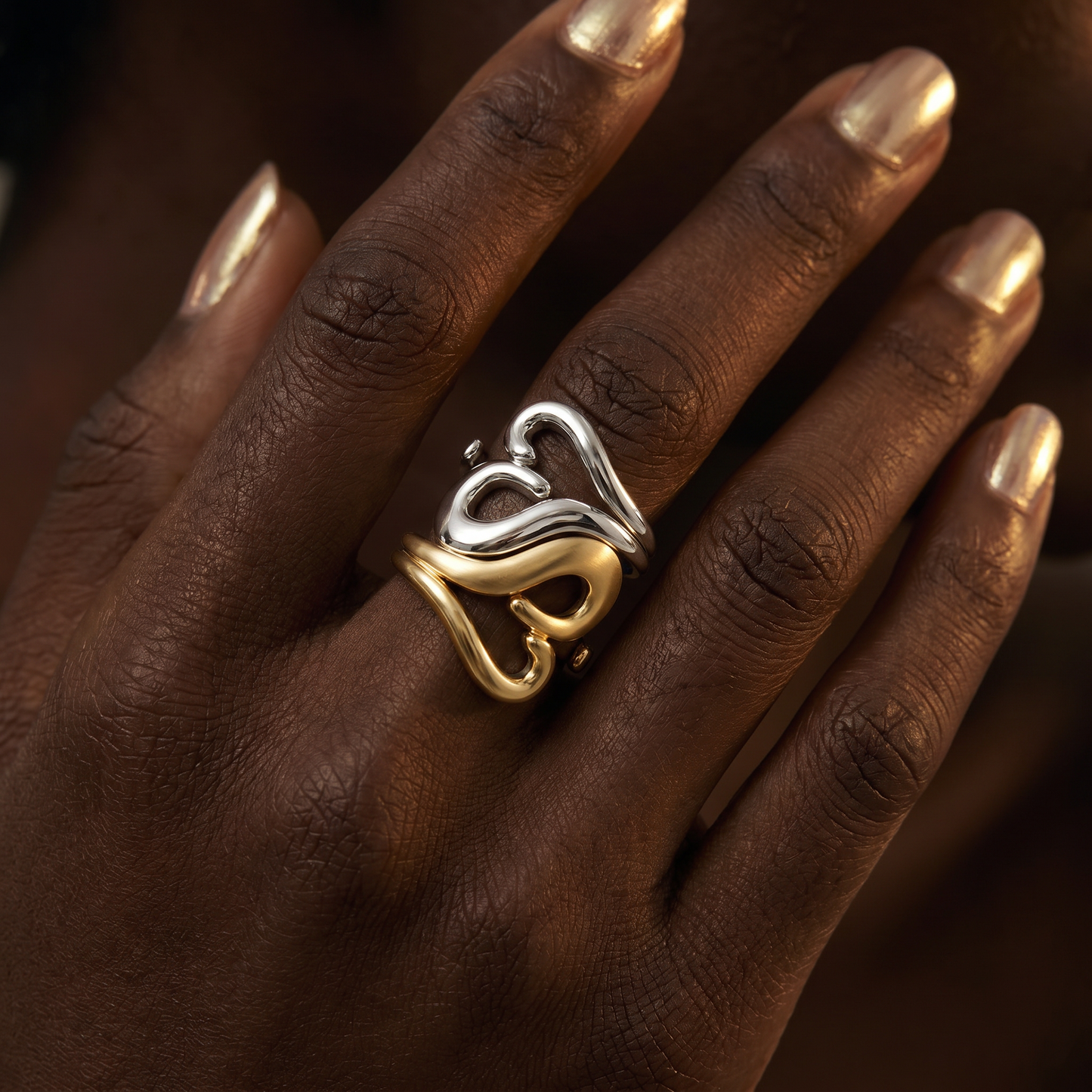 14K Gold Plated Adjustable Heart Ring for Women – Open Stacking Ring, Wear Alone or Layered, Two-Tone Intertwined Butterfly Design, Individual or Set, Perfect Promise or Friendship Gift