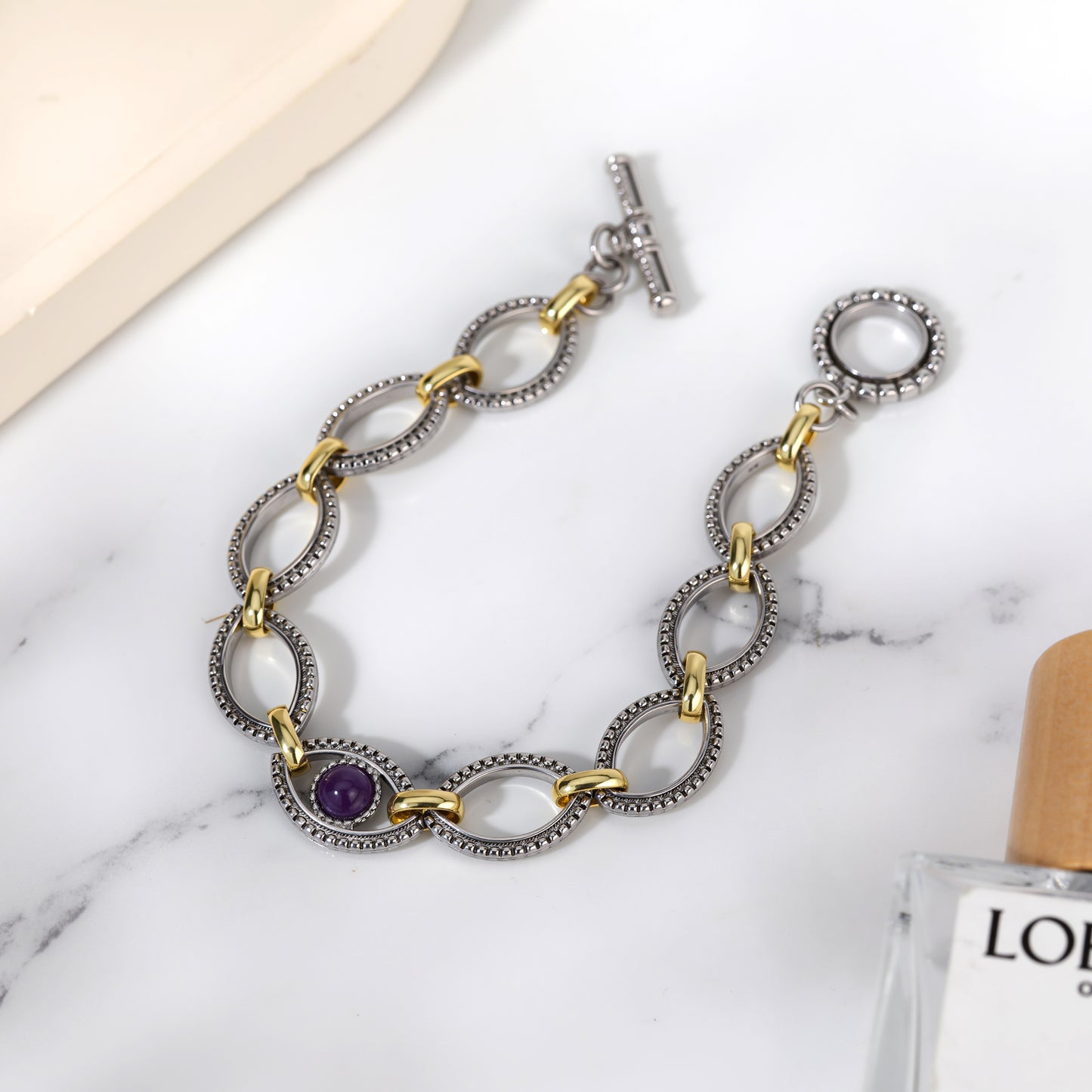 Aprilery Cable Link Bracelet for Women, Two Tone Circle Chain Bangle Evil Eye Bracelets Trendy Silver and Gold Bracelets Jewelry