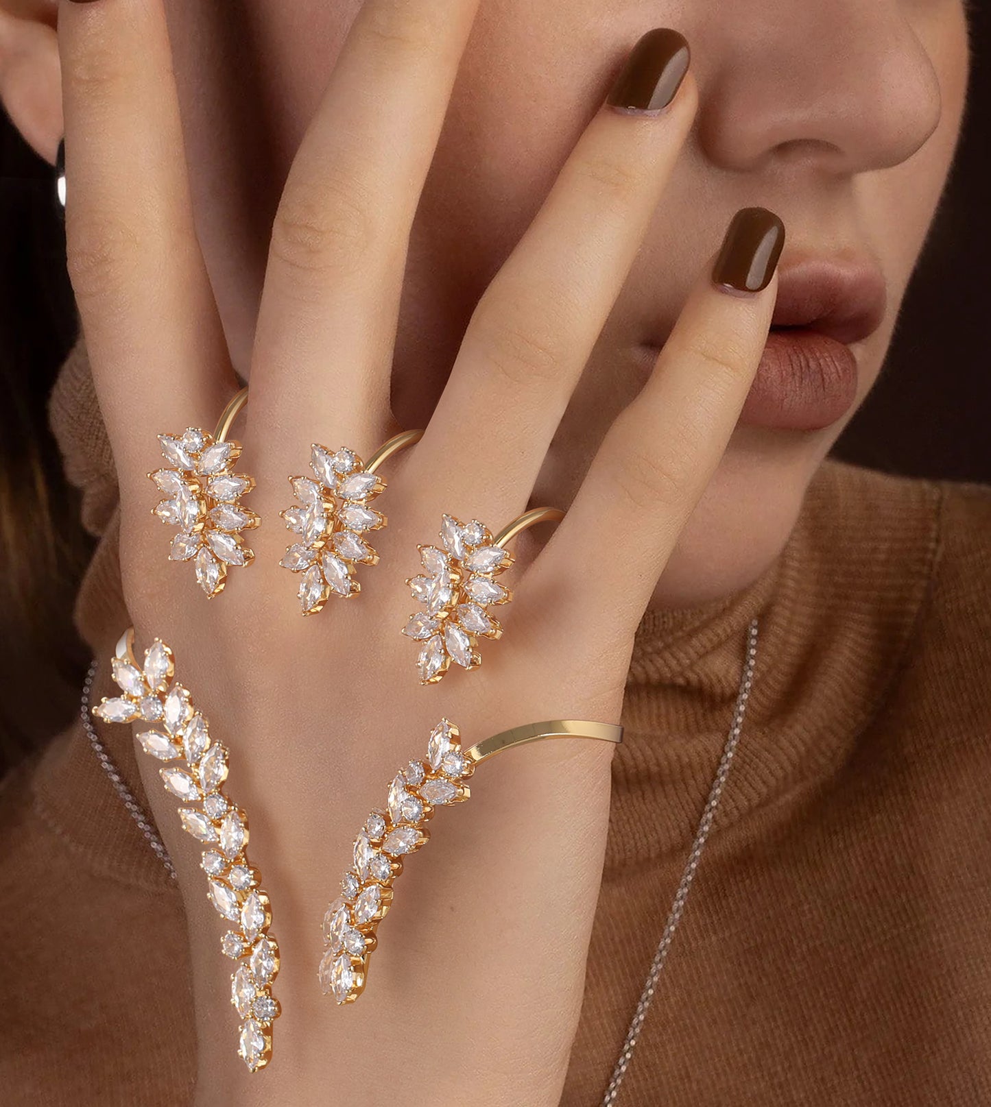 Hand Palm Statement Ring for Women, Fashion Adjustable Multiple Finger Ring CZ Crystal Hand Cuff Bracelet Cocktail Costume Wedding Party Prom Accessory Jewelry Ring Gifts for Her