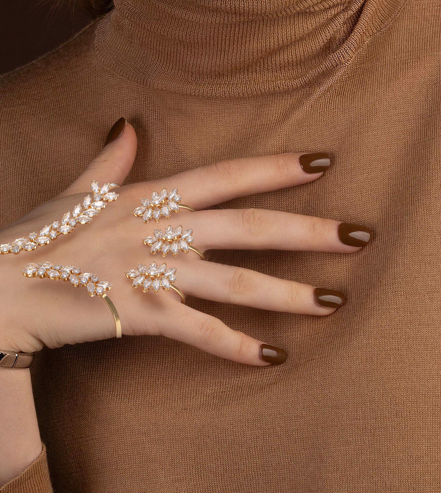 Hand Palm Statement Ring for Women, Fashion Adjustable Multiple Finger Ring CZ Crystal Hand Cuff Bracelet Cocktail Costume Wedding Party Prom Accessory Jewelry Ring Gifts for Her