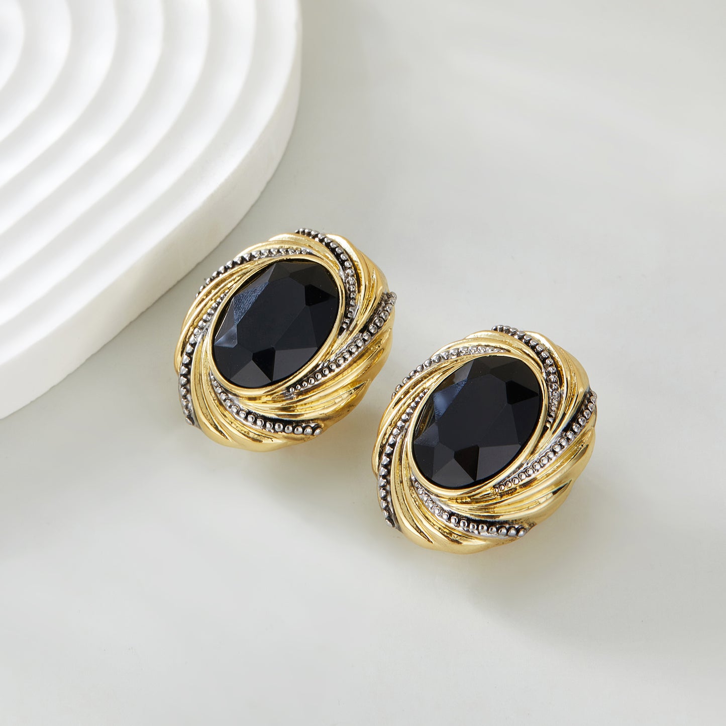 Chunky Gold Geometric Stud Earrings Trendy Vintage 14K Gold Plated Black Cubic Zirconia Statement Cocktail Earrings Dupes Jewelry for Women