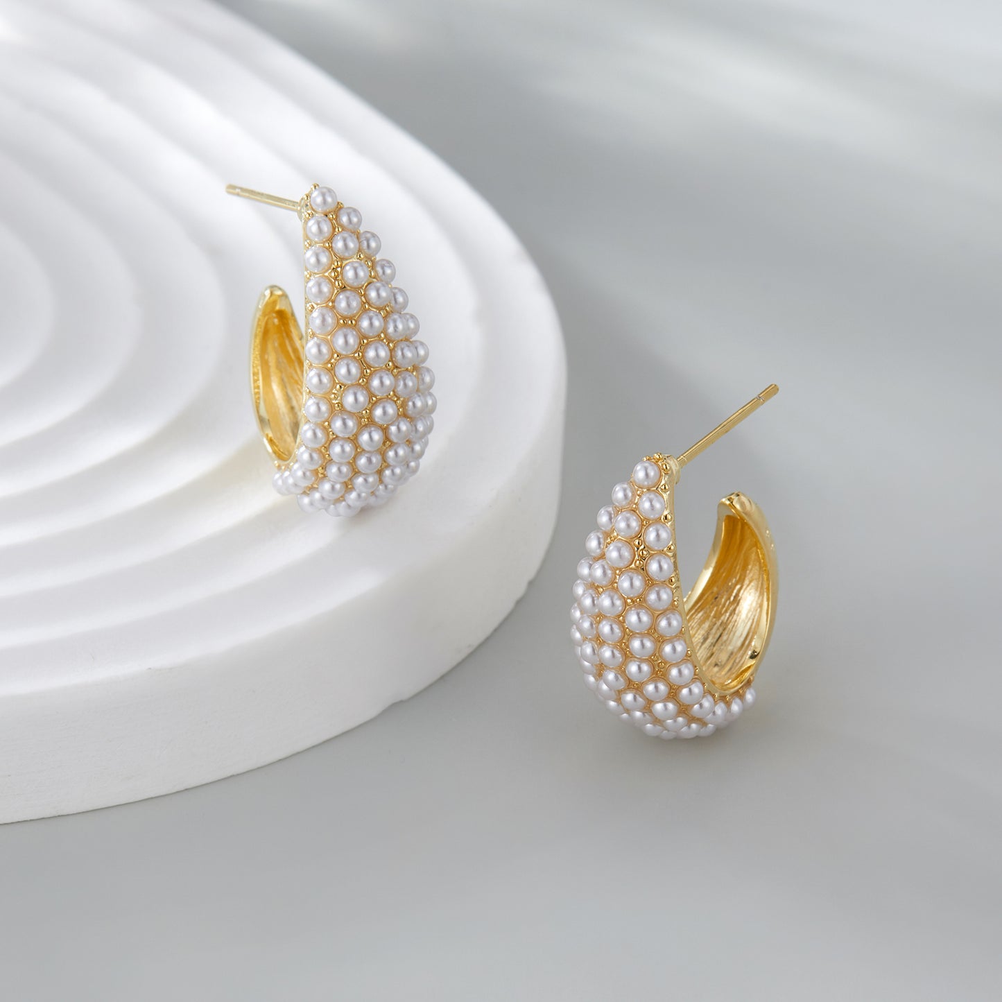 Pearl Hoop Earrings for Women, Trendy 14K Gold Plated Round Pearl Cuff Hoop Earrings Hypoallergenic Statement Earrings Jewelry for Her