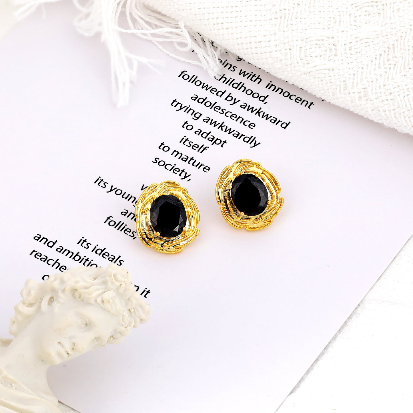 Chunky Gold Geometric Stud Earrings Trendy Vintage 14K Gold Plated Black Cubic Zirconia Statement Cocktail Earrings Dupes Jewelry for Women