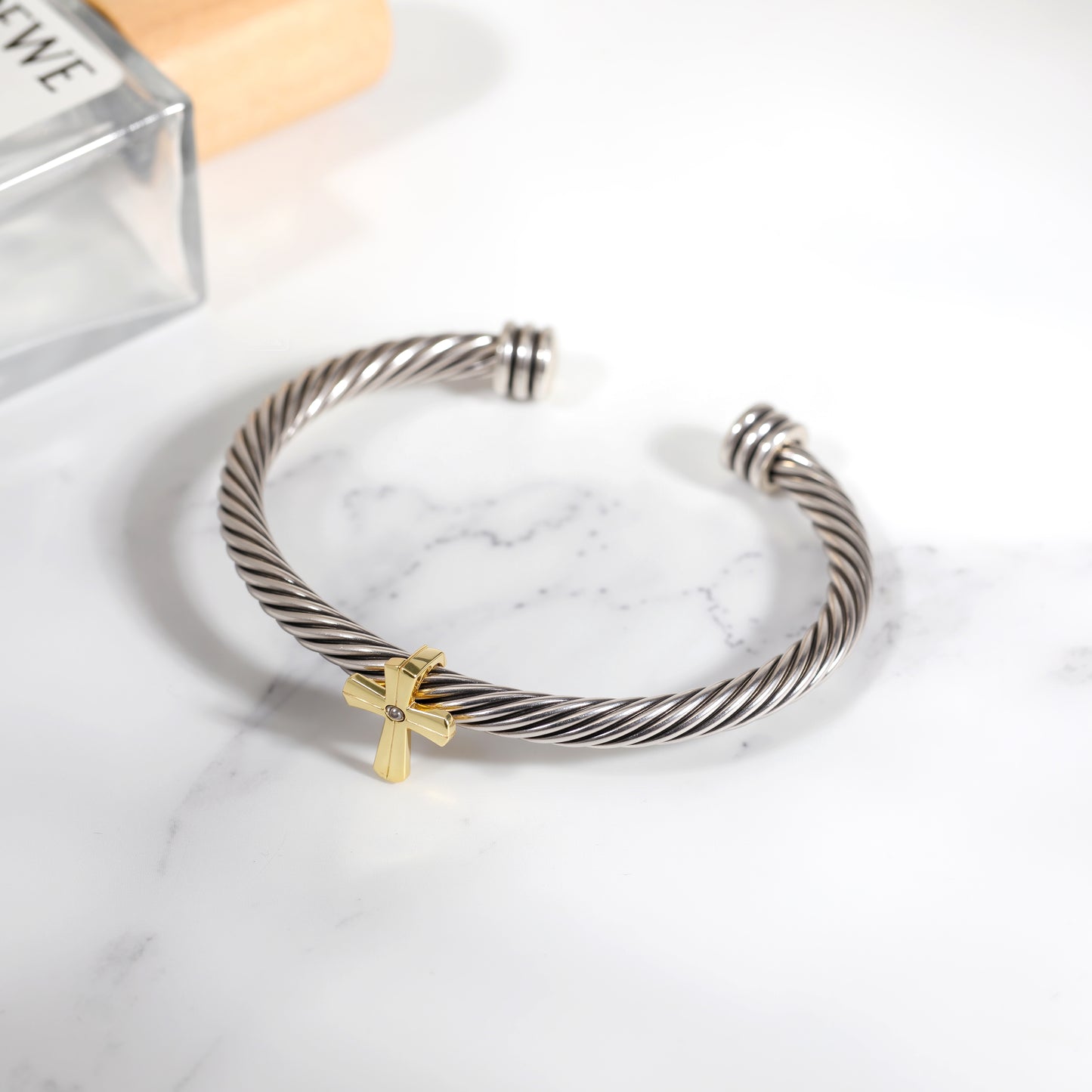Aprilery Cuff Bracelet for Women Silver Wire Twisted Two Tone Cable Bracelet Gold Cross Cuff Bangle Vintage Bracelets Jewelry Gifts