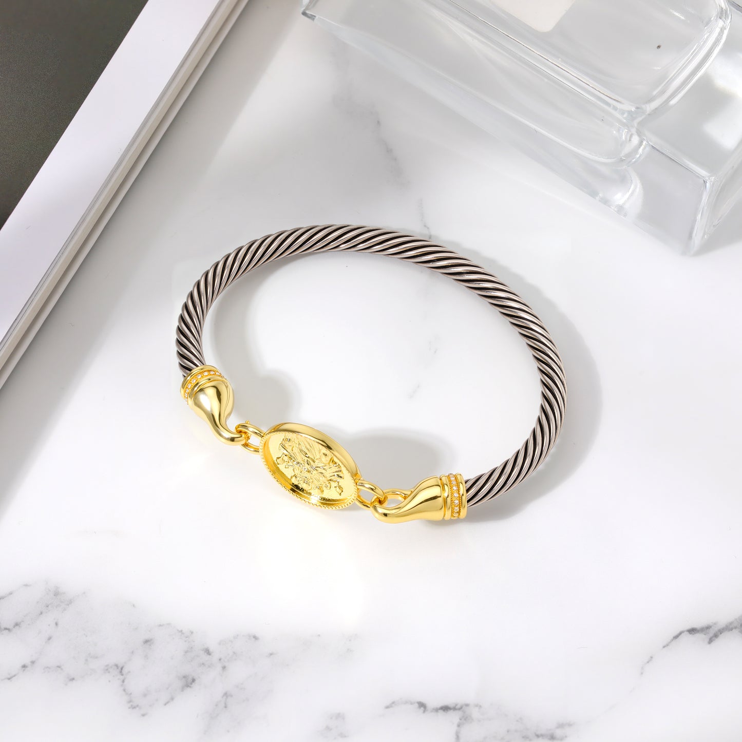 Aprilery Cuff Bracelets for Women Two Tone Cable Bangle Bracelet Twisted Silver Wire Gold Hook Guardian Deity Protector God Vintage Mixed Metal Cuff Bracelets Jewelry Gift