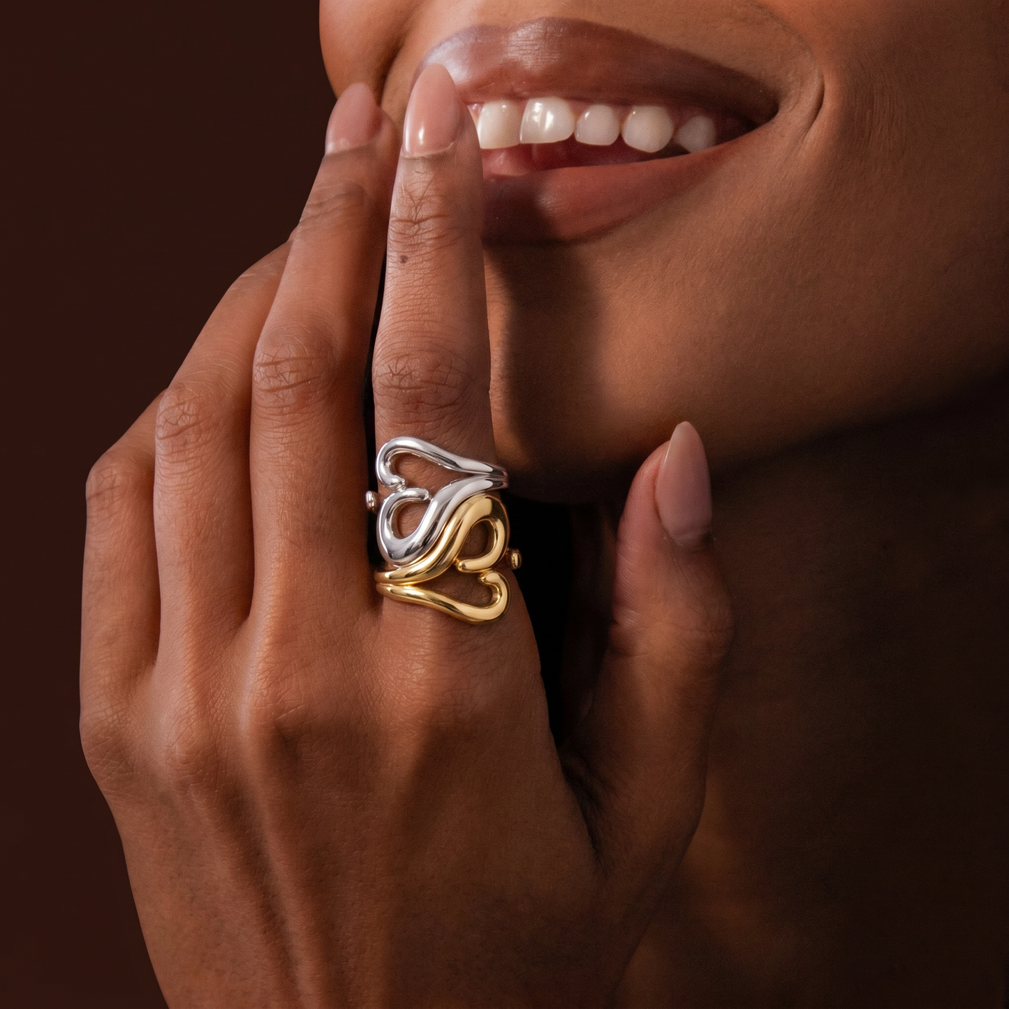 14K Gold Plated Adjustable Heart Ring for Women – Open Stacking Ring, Wear Alone or Layered, Two-Tone Intertwined Butterfly Design, Individual or Set, Perfect Promise or Friendship Gift