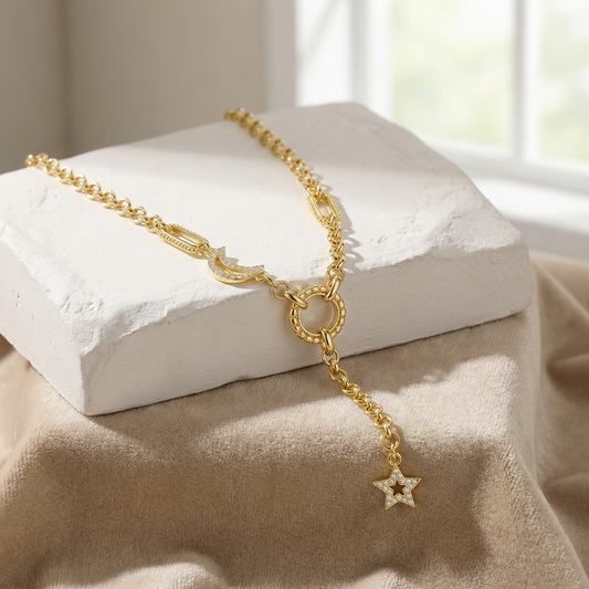 Aprilery Gold Moon Star Y Necklace for Women, Dainty CZ Link Chain, Trendy Fashion Jewelry Gift