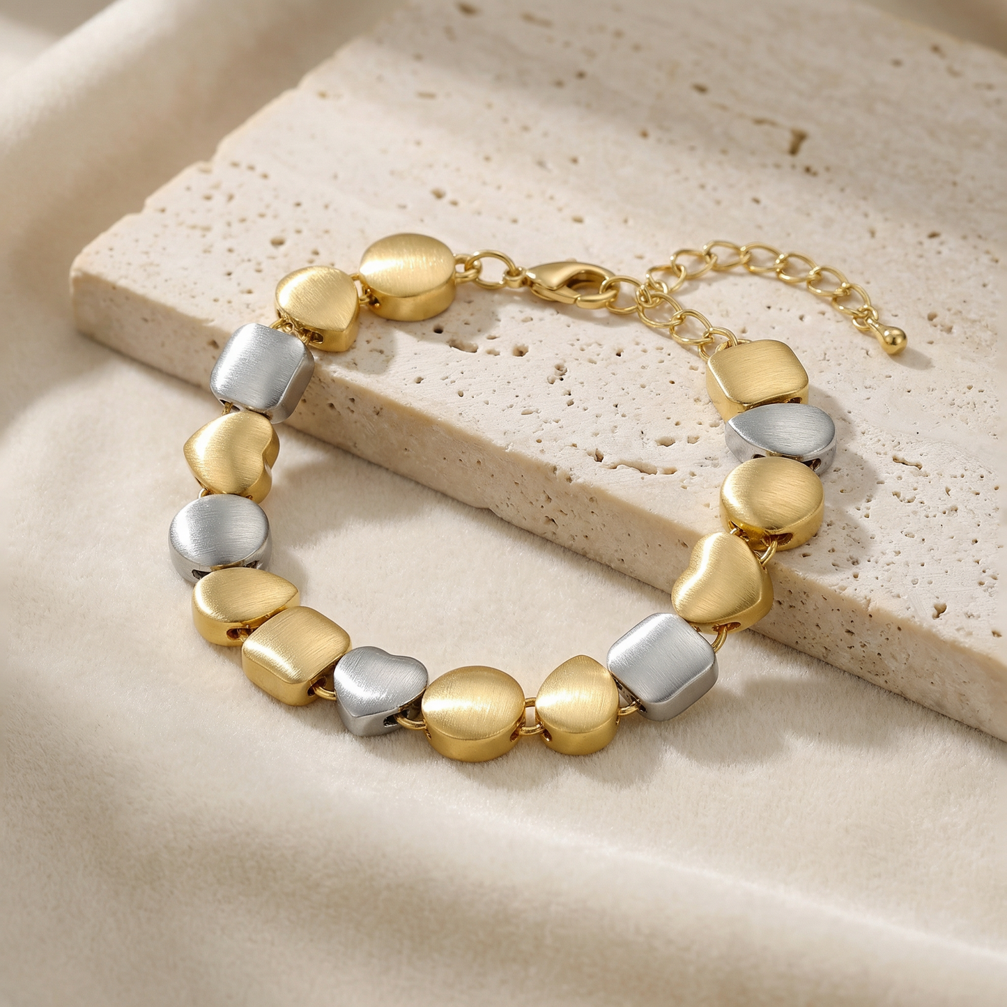 Aprilery Two Tone Geometric Charm Bracelet for Women, Gold Silver Mixed Metal Heart Square Link Bracelet, Trendy Fashion Jewelry Gift