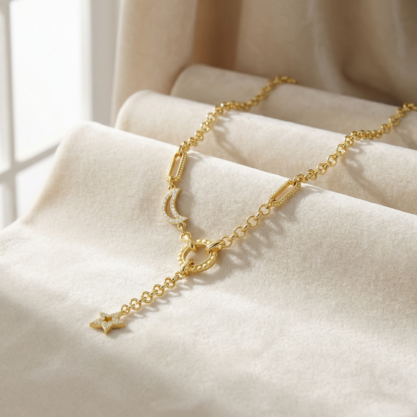 Aprilery Gold Moon Star Y Necklace for Women, Dainty CZ Link Chain, Trendy Fashion Jewelry Gift