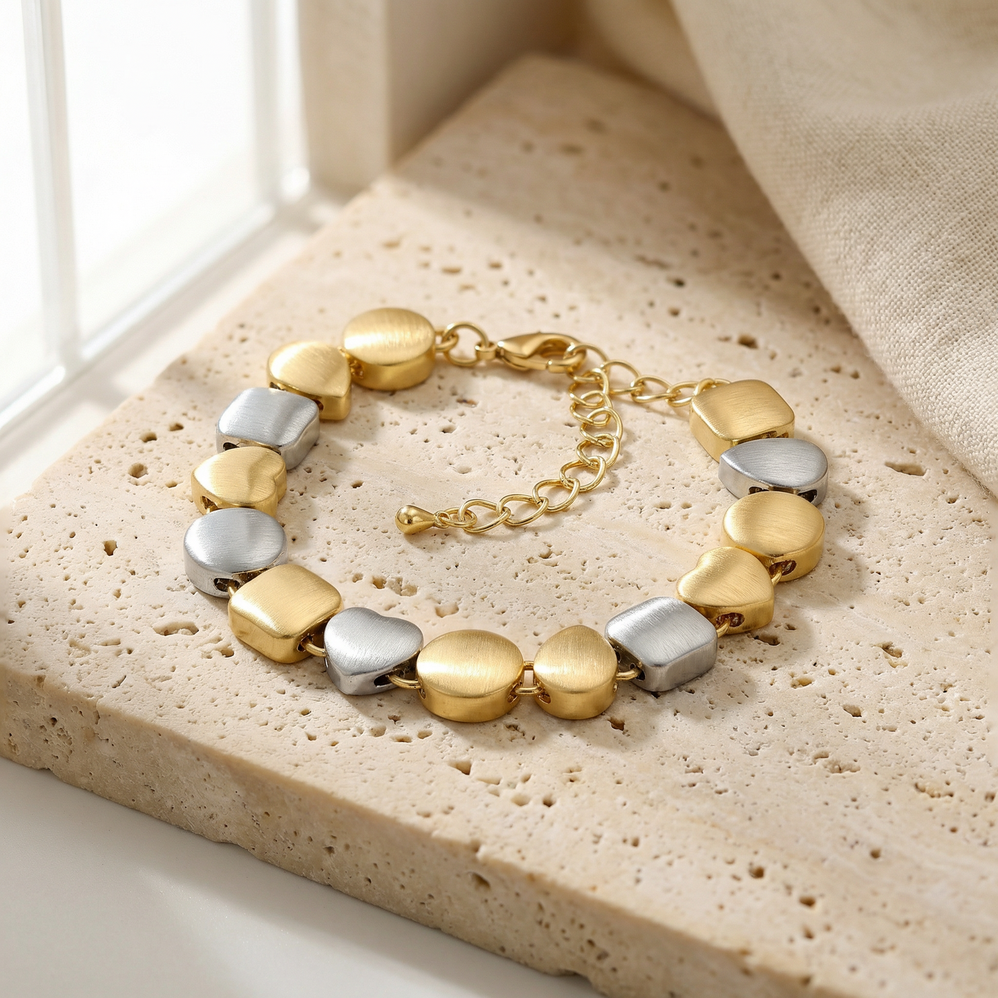 Aprilery Two Tone Geometric Charm Bracelet for Women, Gold Silver Mixed Metal Heart Square Link Bracelet, Trendy Fashion Jewelry Gift