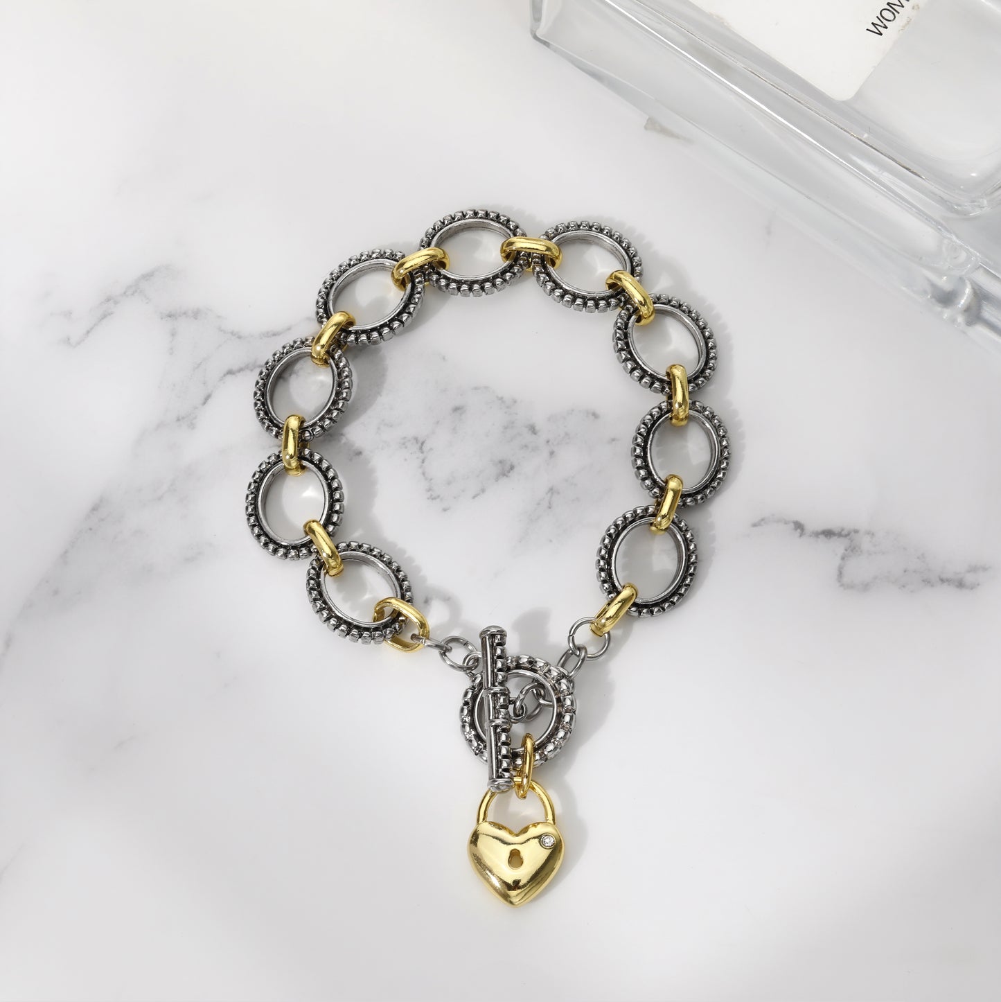 Aprilery Cable Link Bracelet for Women Two Tone Circle Chain Bangle Gold Locks and keys Link Bracelets Trendy Silver and Gold Bracelets Jewelry