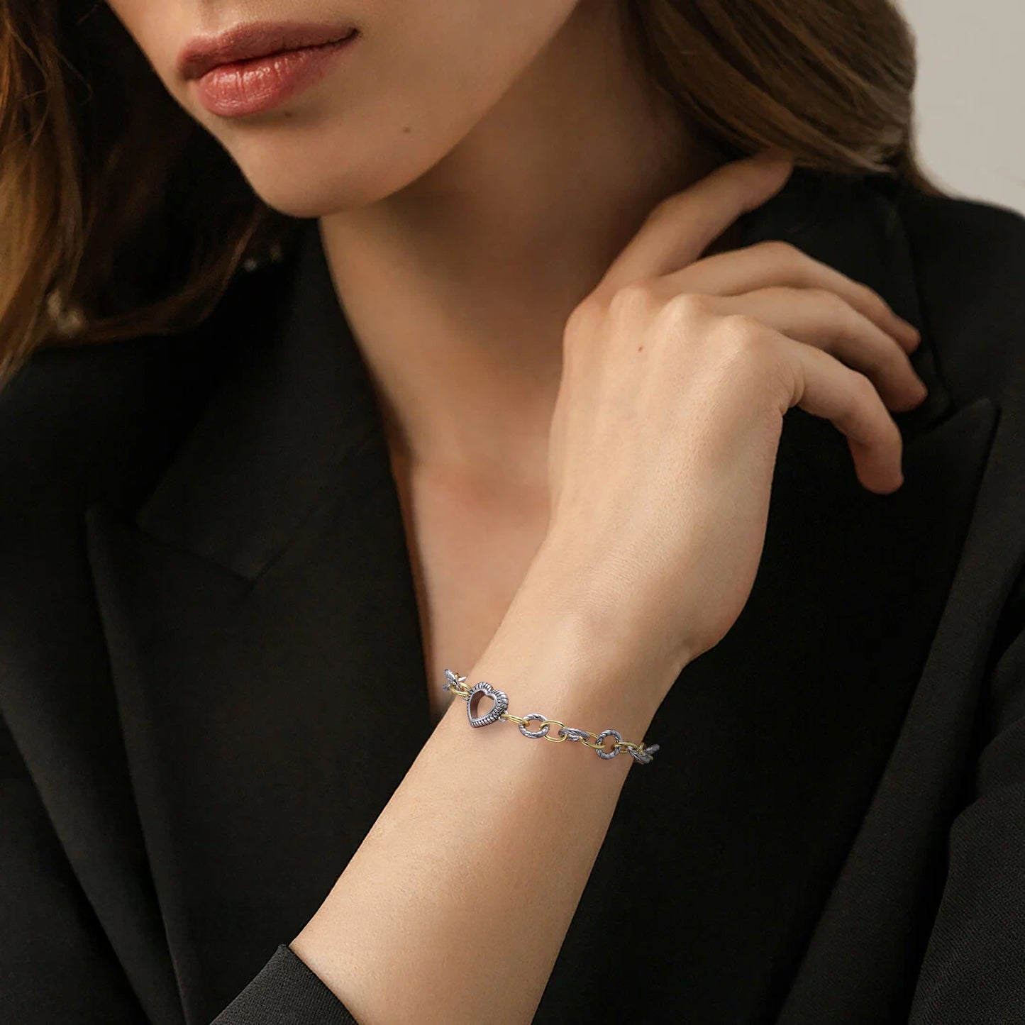 Aprilery Cable Link Bracelet for Women, Gold and Silver Circle Chain Bangle Heart Bracelets Trendy Silver and Gold Bracelets Jewelry