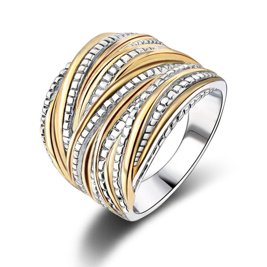 Aprilery Gold and Silver Rings for Women Fashion Two Tone Statement Cross Twisted Ring Cable Wire Vintage Mixed Metal Band Jewelry