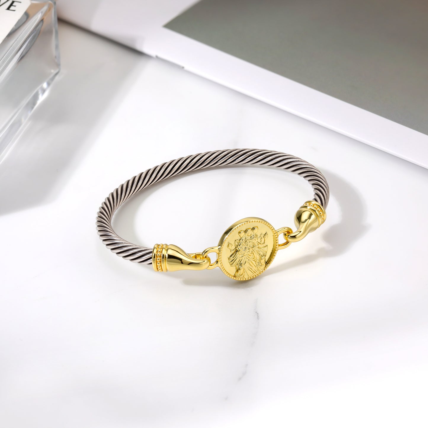 Aprilery Cuff Bracelets for Women Two Tone Cable Bangle Bracelet Twisted Silver Wire Gold Hook Guardian Deity Protector God Vintage Mixed Metal Cuff Bracelets Jewelry Gift