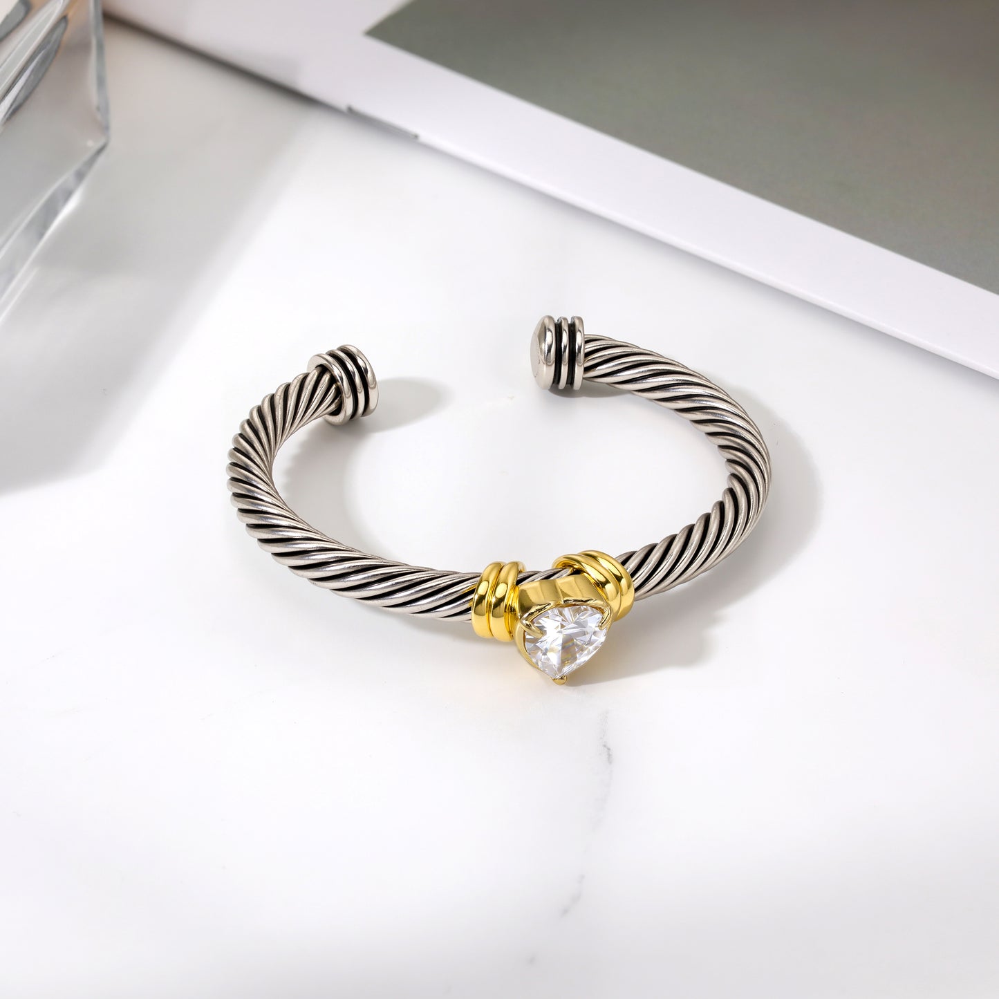 Aprilery Cuff Bracelet for Women Silver Wire Twisted Two Tone Cable Bracelet Cubic zirconia Heart Cuff Bangle Vintage Bracelets Jewelry Gifts