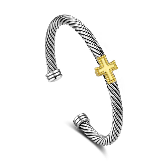 Aprilery Cuff Bracelet for Women Silver Wire Twisted Two Tone Cable Bracelet Gold Cross Cuff Bangle Vintage Bracelets Jewelry Gifts