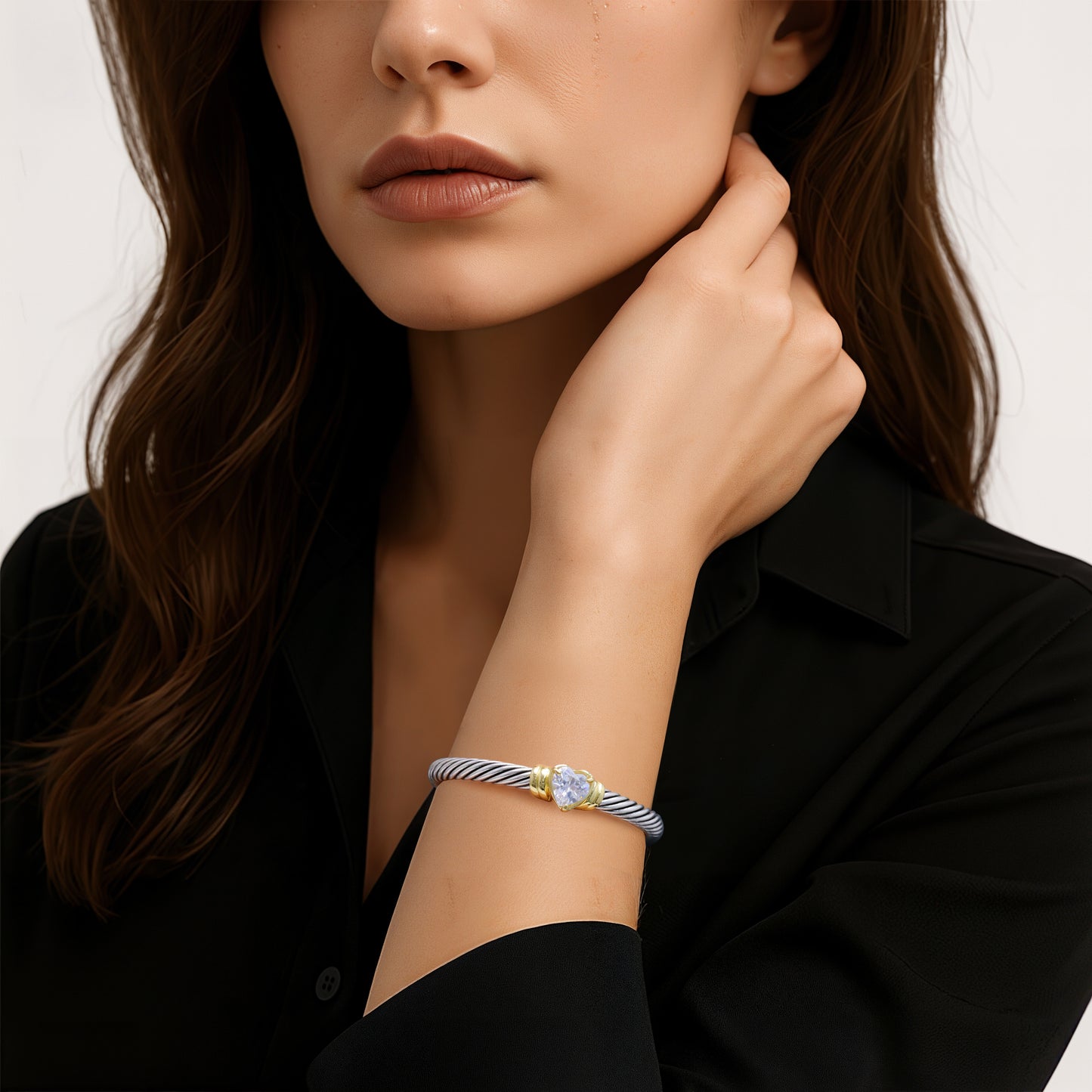 Aprilery Cuff Bracelet for Women Silver Wire Twisted Two Tone Cable Bracelet Cubic zirconia Heart Cuff Bangle Vintage Bracelets Jewelry Gifts