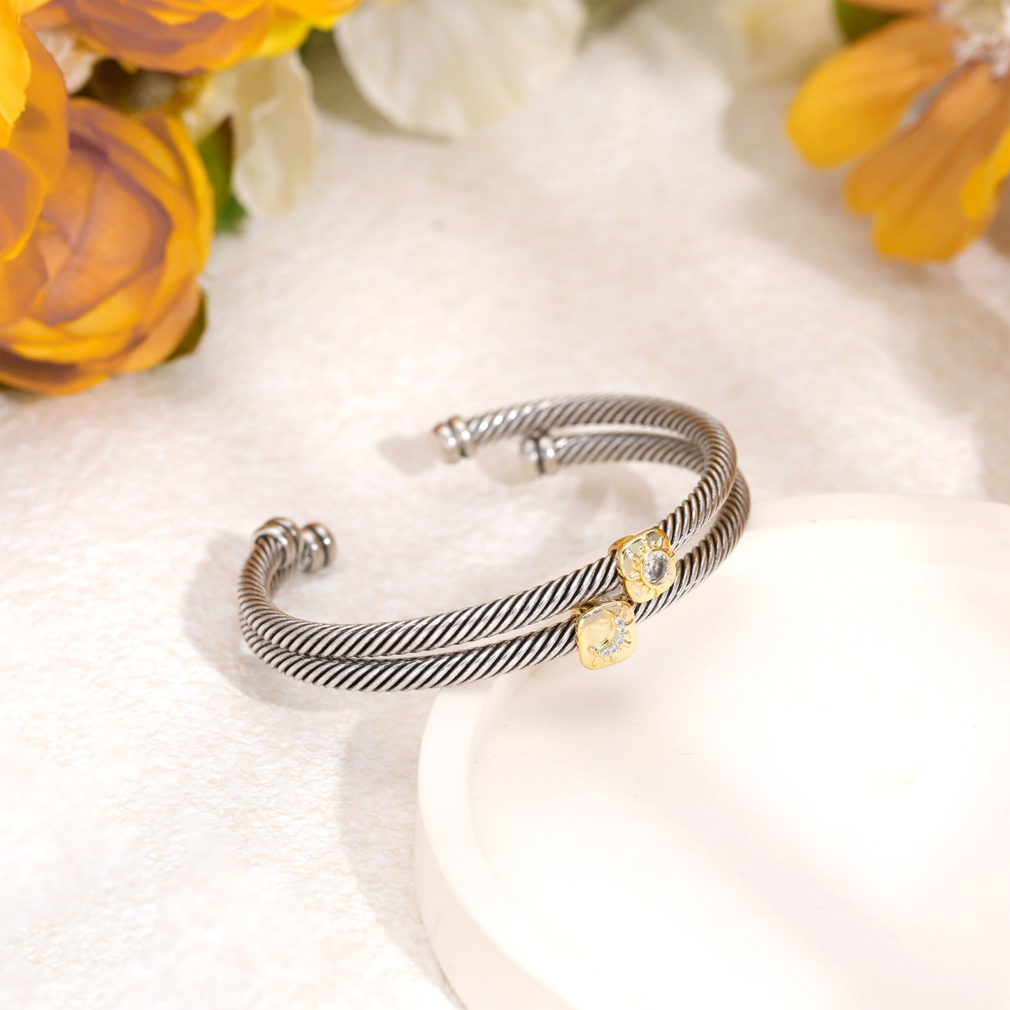 Aprilery Cuff Bracelet for Women Silver Wire Twisted Two Tone Cable Bracelet Gold Sun and Moon Cuff Bangle Vintage Bracelets Jewelry Gifts