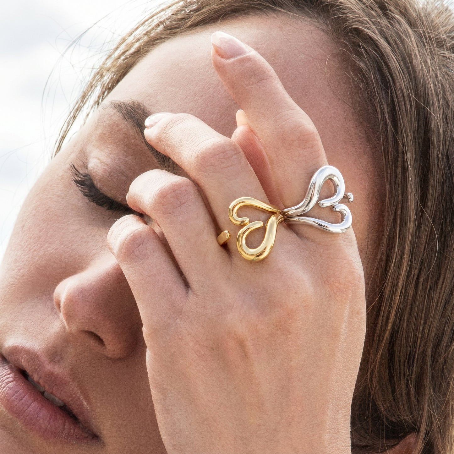 14K Gold Plated Adjustable Heart Ring for Women – Open Stacking Ring, Wear Alone or Layered, Two-Tone Intertwined Butterfly Design, Individual or Set, Perfect Promise or Friendship Gift