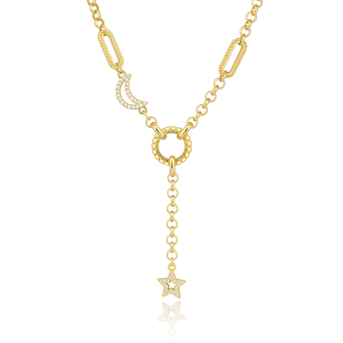 Aprilery Gold Moon Star Y Necklace for Women, Dainty CZ Link Chain, Trendy Fashion Jewelry Gift