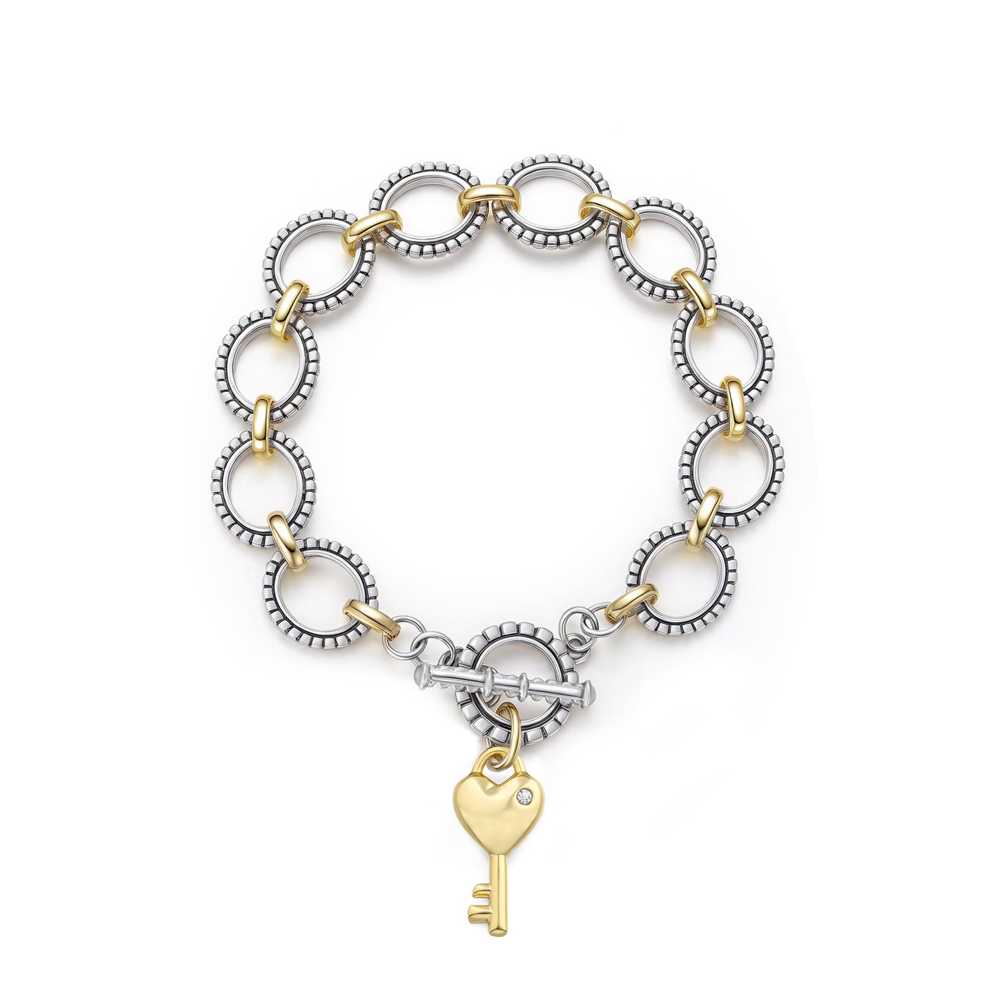 Aprilery Cable Link Bracelet for Women Two Tone Circle Chain Bangle Gold Locks and keys Link Bracelets Trendy Silver and Gold Bracelets Jewelry