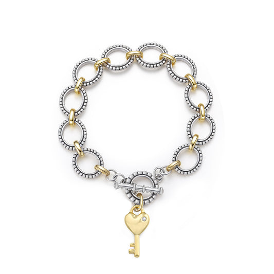Aprilery Cable Link Bracelet for Women Two Tone Circle Chain Bangle Gold Locks and keys Link Bracelets Trendy Silver and Gold Bracelets Jewelry
