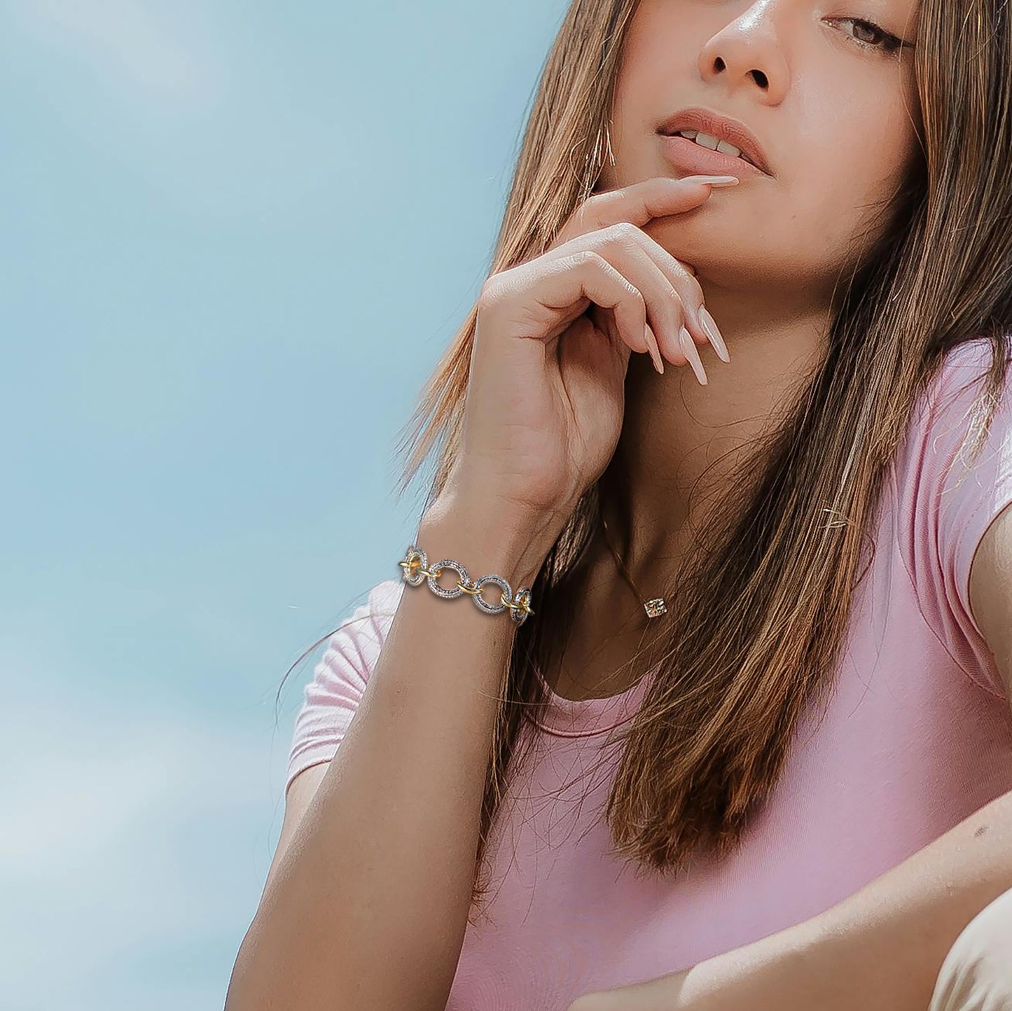 Aprilery Cable Link Bracelet for Women Two Tone Circle Chain Bangle Link Bracelets Trendy Gold and Silver Bracelets Jewelry