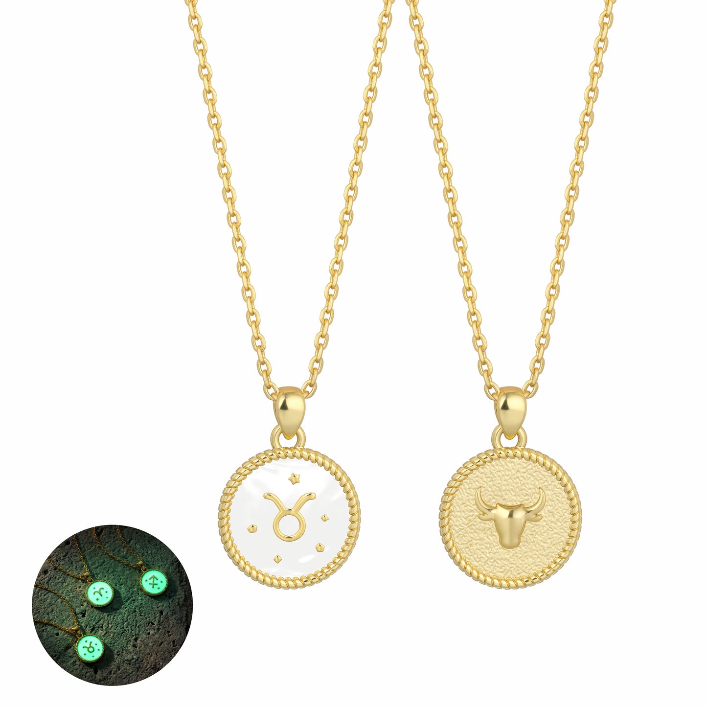 14K Gold Plated Zodiac Necklace Series – Dainty Zodiac Signs Coin Necklace, Glow in the Dark Pendant, 2-in-1 Double-Sided, Adjustable Unisex Chain, Astrology Jewelry, Birthday & Couple Gift