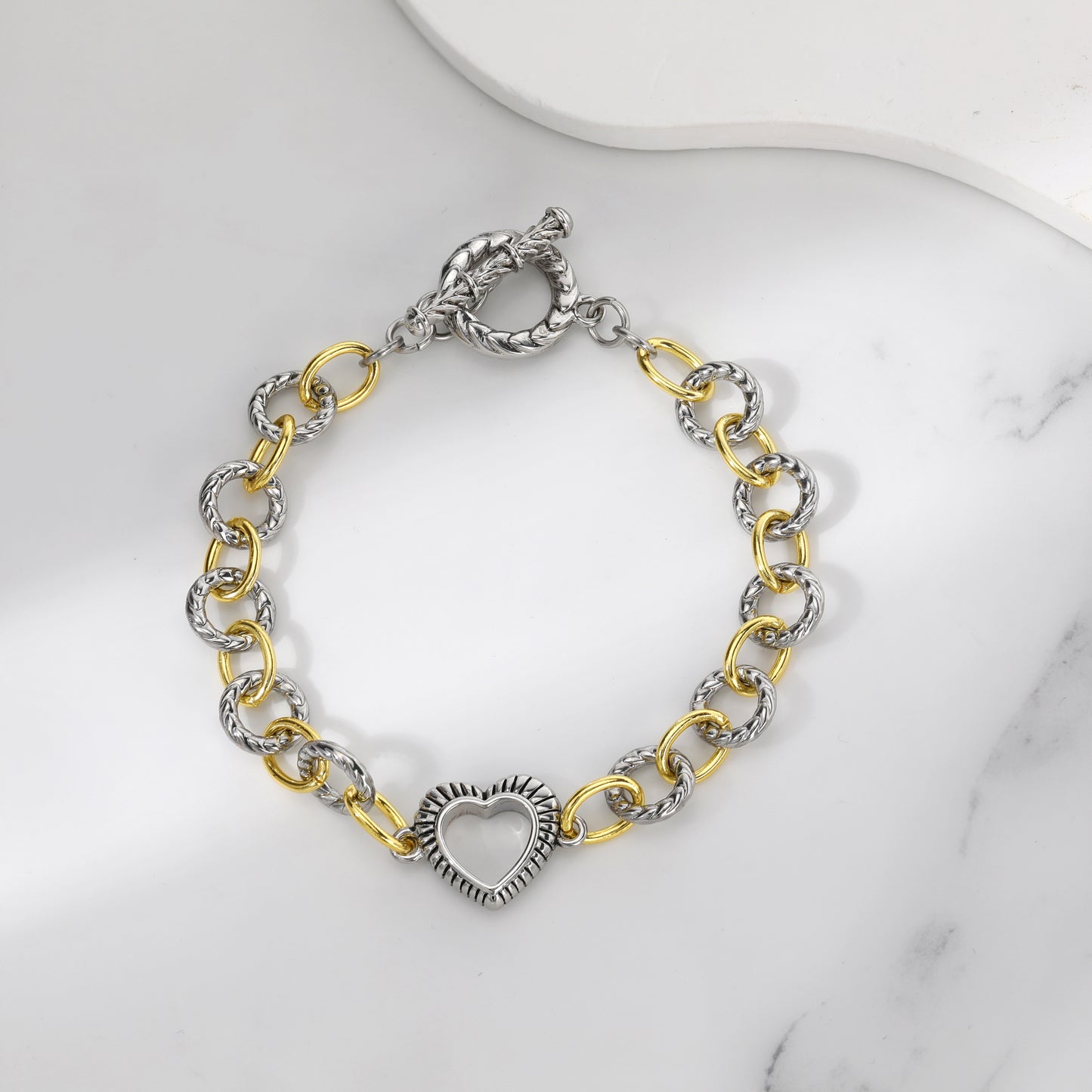 Aprilery Cable Link Bracelet for Women, Gold and Silver Circle Chain Bangle Heart Bracelets Trendy Silver and Gold Bracelets Jewelry