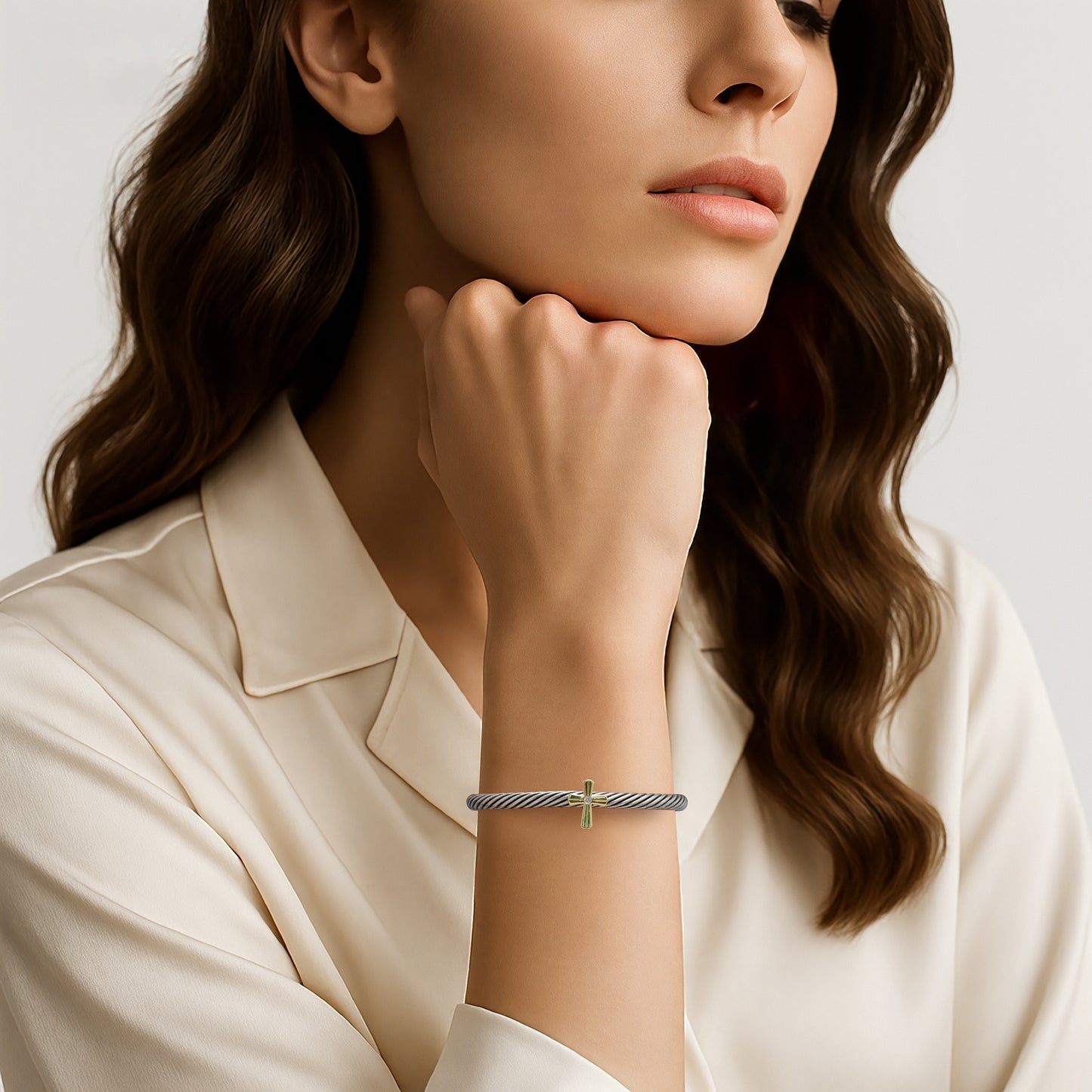 Aprilery Cuff Bracelet for Women Silver Wire Twisted Two Tone Cable Bracelet Gold Cross Cuff Bangle Vintage Bracelets Jewelry Gifts