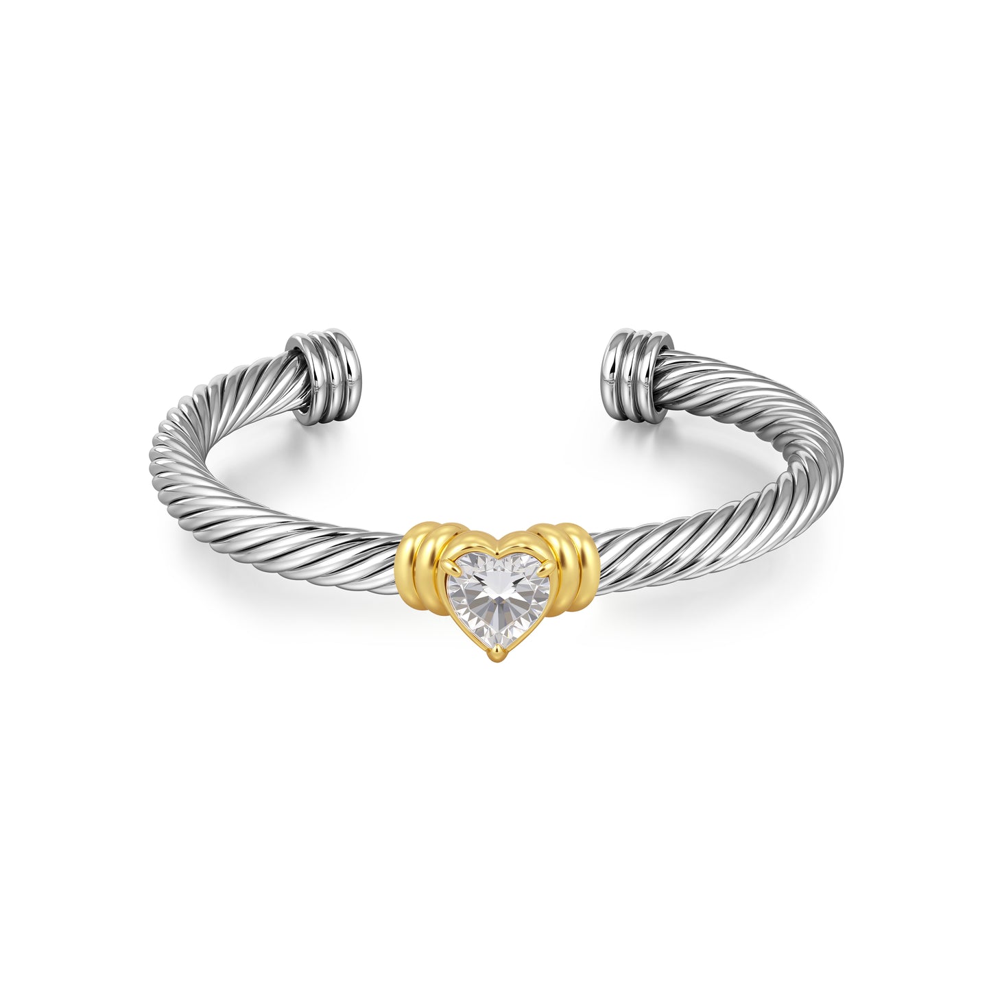 Aprilery Cuff Bracelet for Women Silver Wire Twisted Two Tone Cable Bracelet Cubic zirconia Heart Cuff Bangle Vintage Bracelets Jewelry Gifts