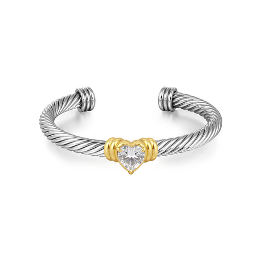 Aprilery Cuff Bracelet for Women Silver Wire Twisted Two Tone Cable Bracelet Cubic zirconia Heart Cuff Bangle Vintage Bracelets Jewelry Gifts