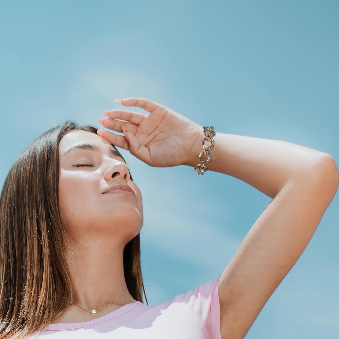 Aprilery Cable Link Bracelet for Women Two Tone Circle Chain Bangle Link Bracelets Trendy Gold and Silver Bracelets Jewelry