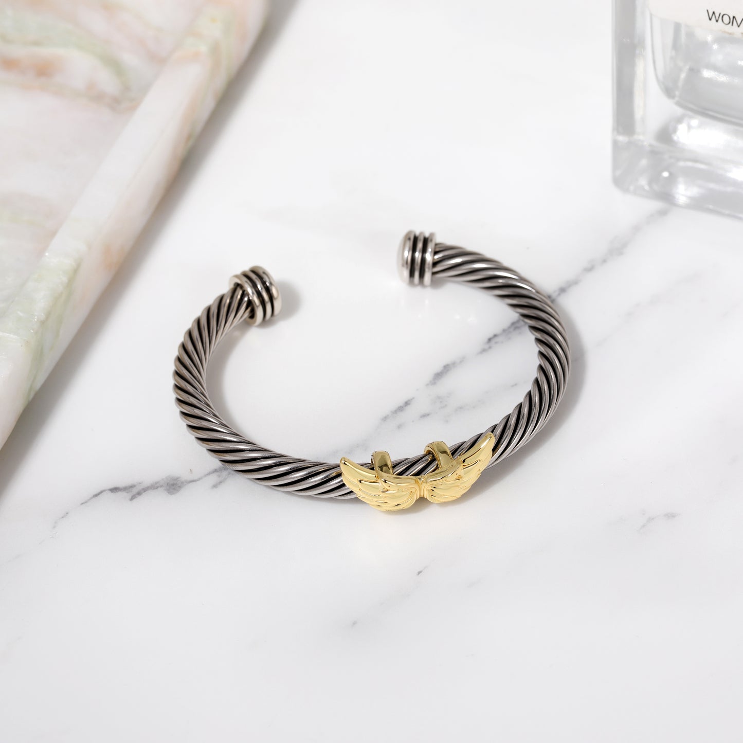 Aprilery Cuff Bracelet for Women Silver Wire Twisted Two Tone Cable Bracelet Gold Wings Cuff Bangle Vintage Bracelets Jewelry Gifts