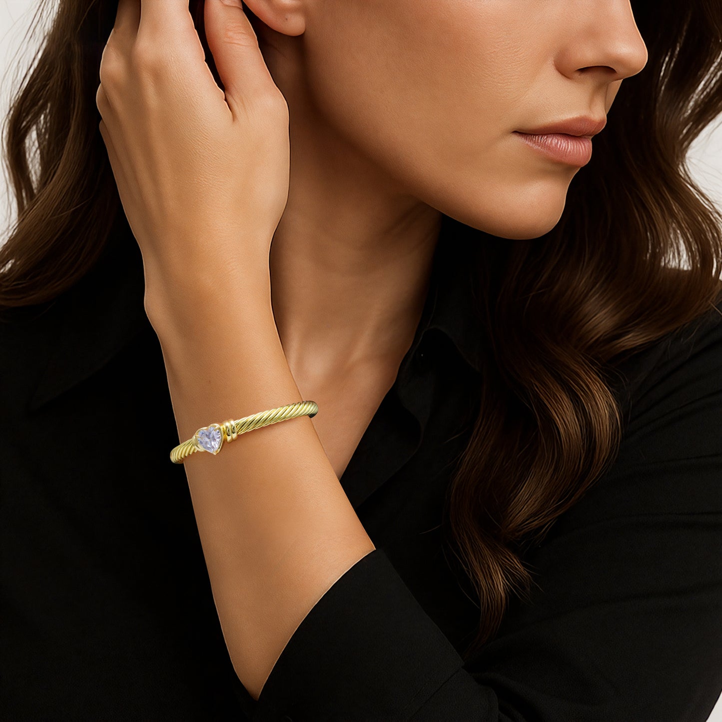 Aprilery Cuff Bracelet for Women Silver Wire Twisted Two Tone Cable Bracelet Cubic zirconia Heart Cuff Bangle Vintage Bracelets Jewelry Gifts