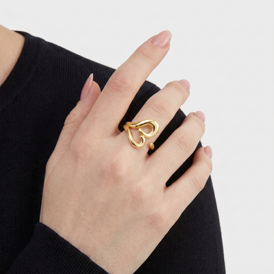 14K Gold Plated Adjustable Heart Ring for Women – Open Stacking Ring, Wear Alone or Layered, Two-Tone Intertwined Butterfly Design, Individual or Set, Perfect Promise or Friendship Gift