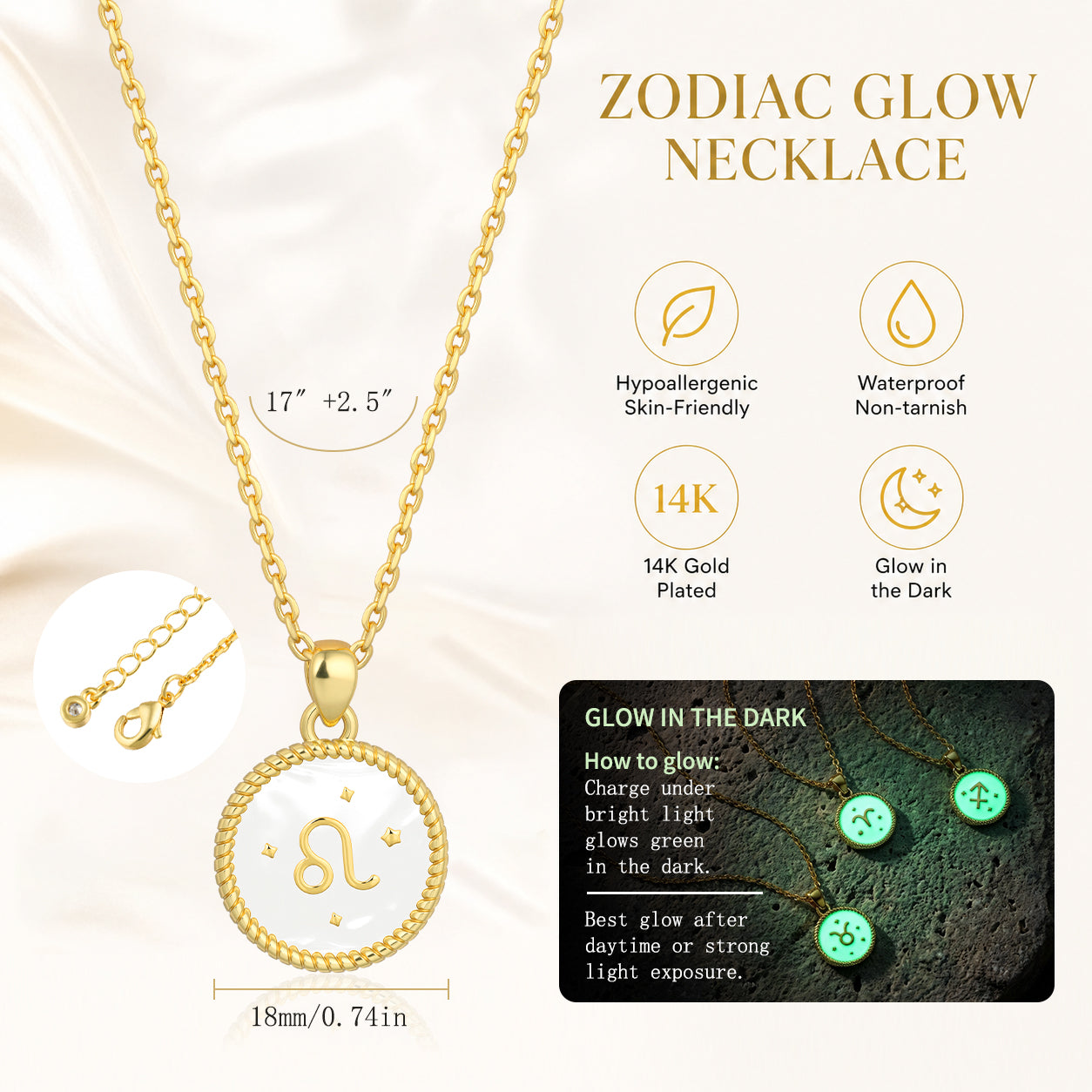 14K Gold Plated Zodiac Necklace Series – Dainty Zodiac Signs Coin Necklace, Glow in the Dark Pendant, 2-in-1 Double-Sided, Adjustable Unisex Chain, Astrology Jewelry, Birthday & Couple Gift