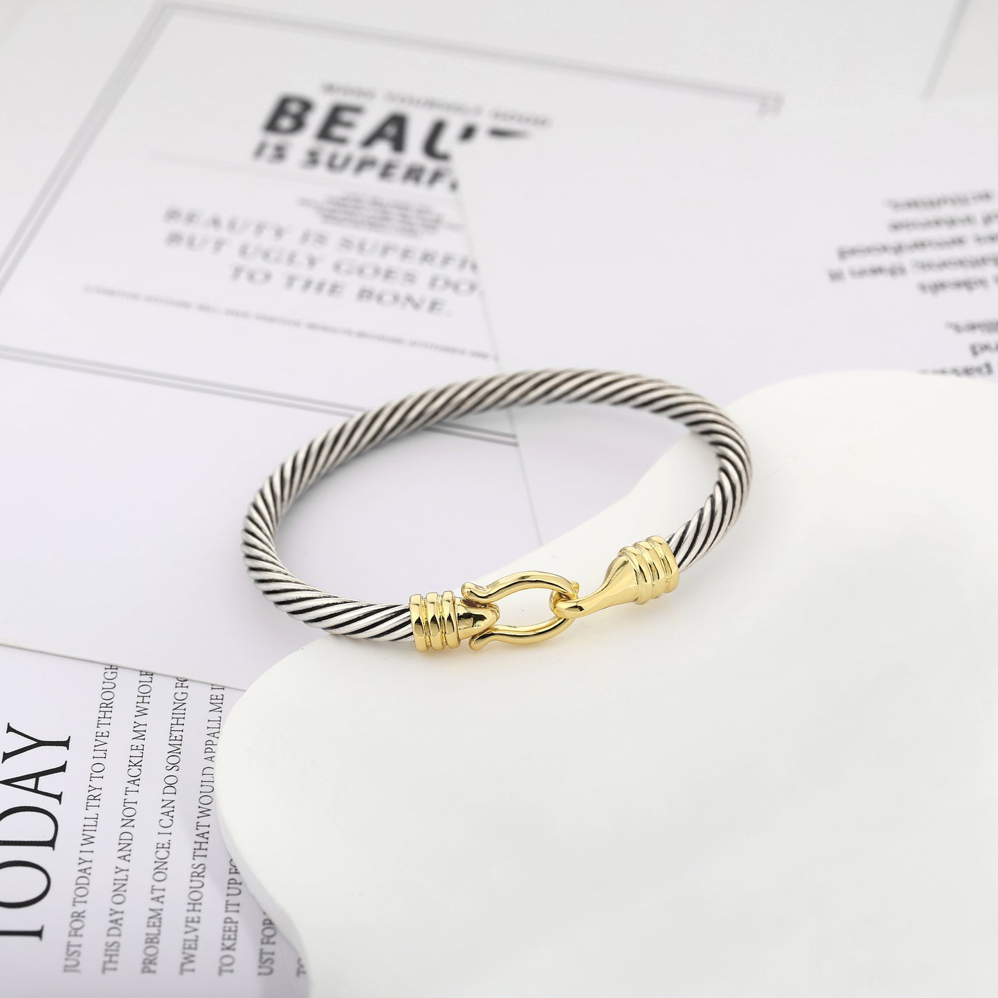 Aprilery Cuff Bracelets for Women Two Tone Cable Bangle Bracelet Twisted Silver Wire - Gold Hook Vintage Mixed Metal Cuff Bracelets Jewelry Gift