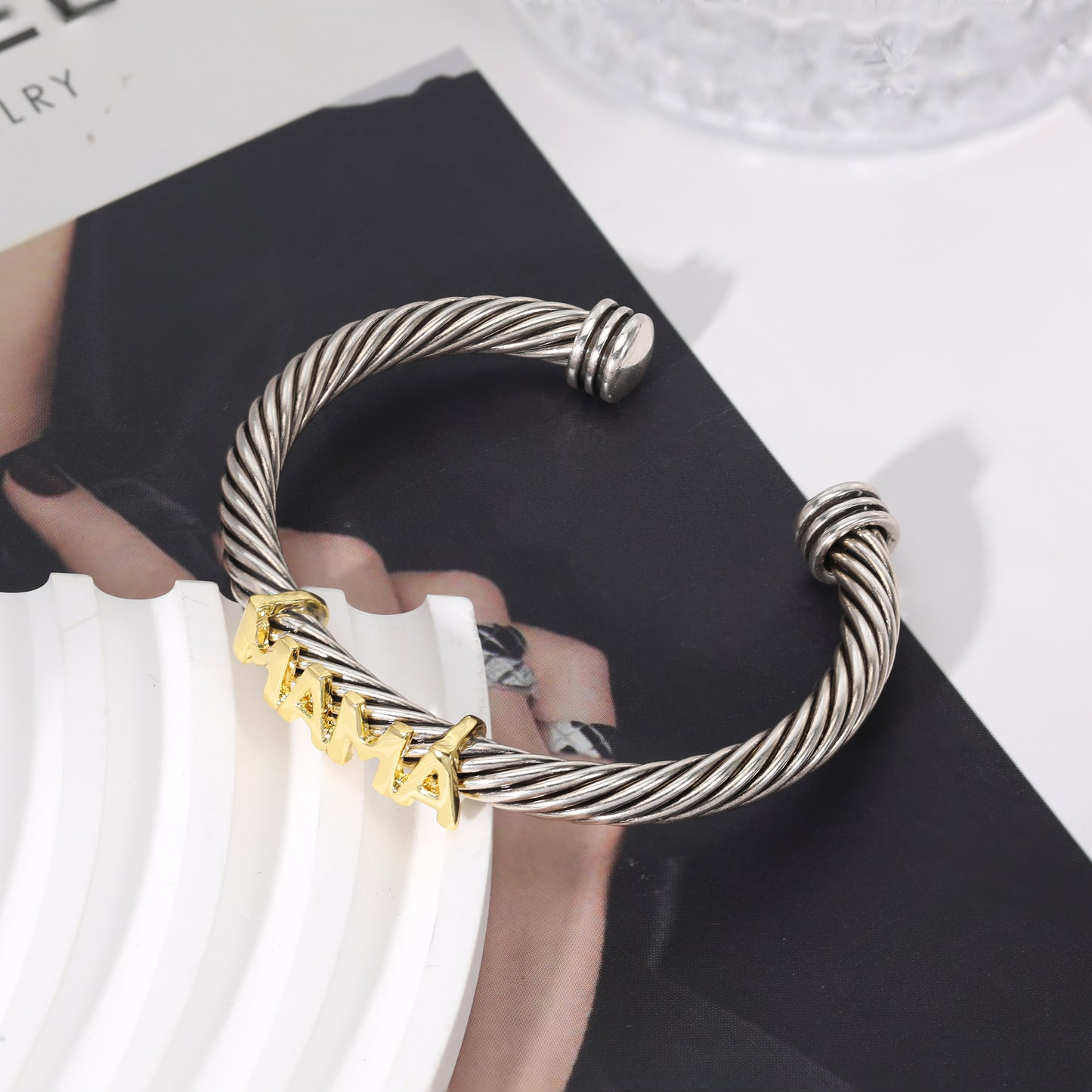 Aprilery Cuff Bracelet for Women Silver Wire Twisted Two Tone Cable Bracelet Gold Letter Cuff Bangle Vintage Bracelets Jewelry Gifts
