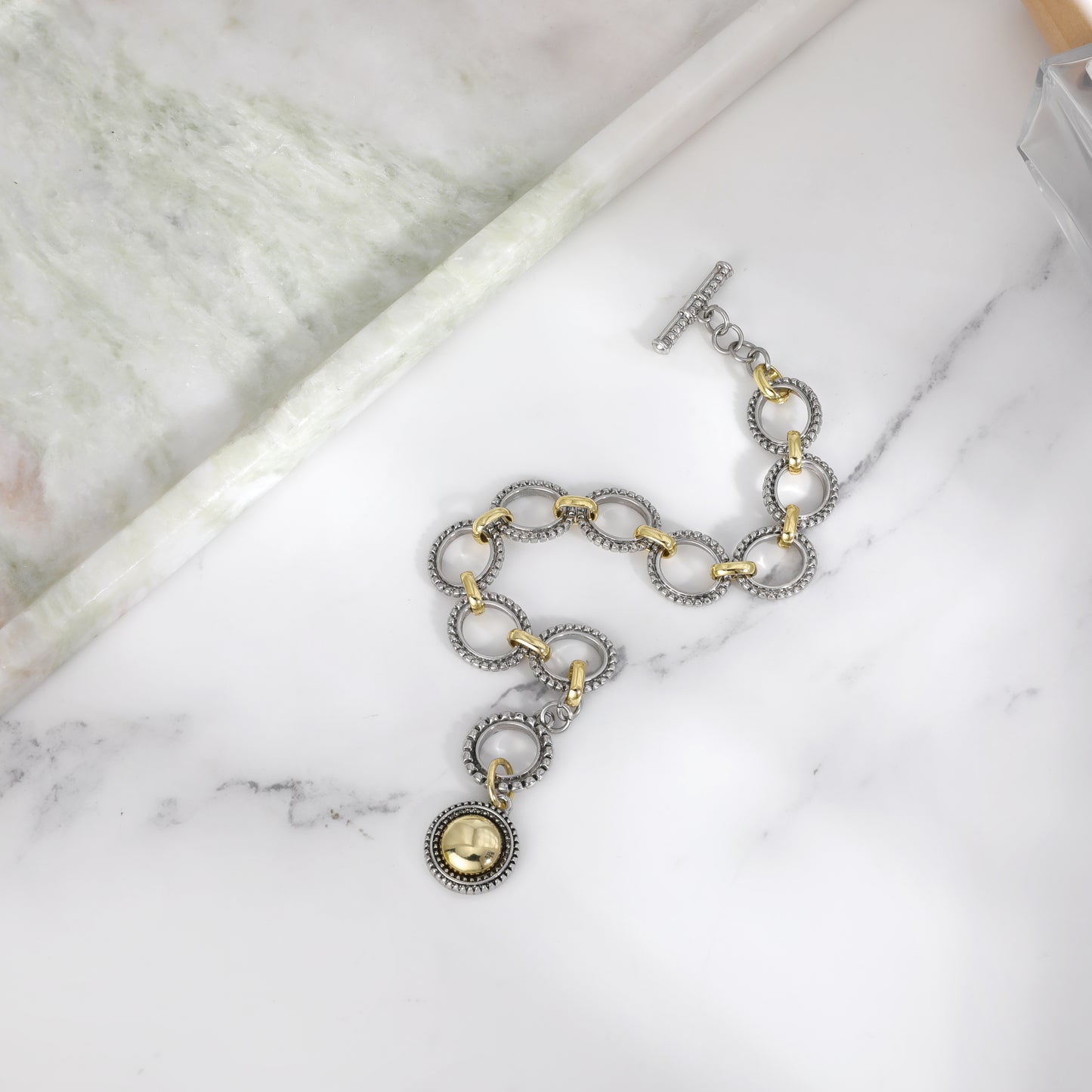 Aprilery Cable Link Bracelet for Women Two Tone Circle Chain Bangle Link Bracelets Trendy Silver and Gold Bracelets Jewelry