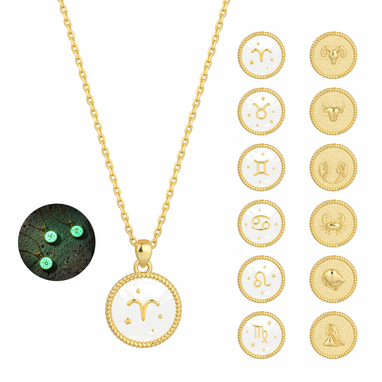 14K Gold Plated Zodiac Necklace Series – Dainty Zodiac Signs Coin Necklace, Glow in the Dark Pendant, 2-in-1 Double-Sided, Adjustable Unisex Chain, Astrology Jewelry, Birthday & Couple Gift