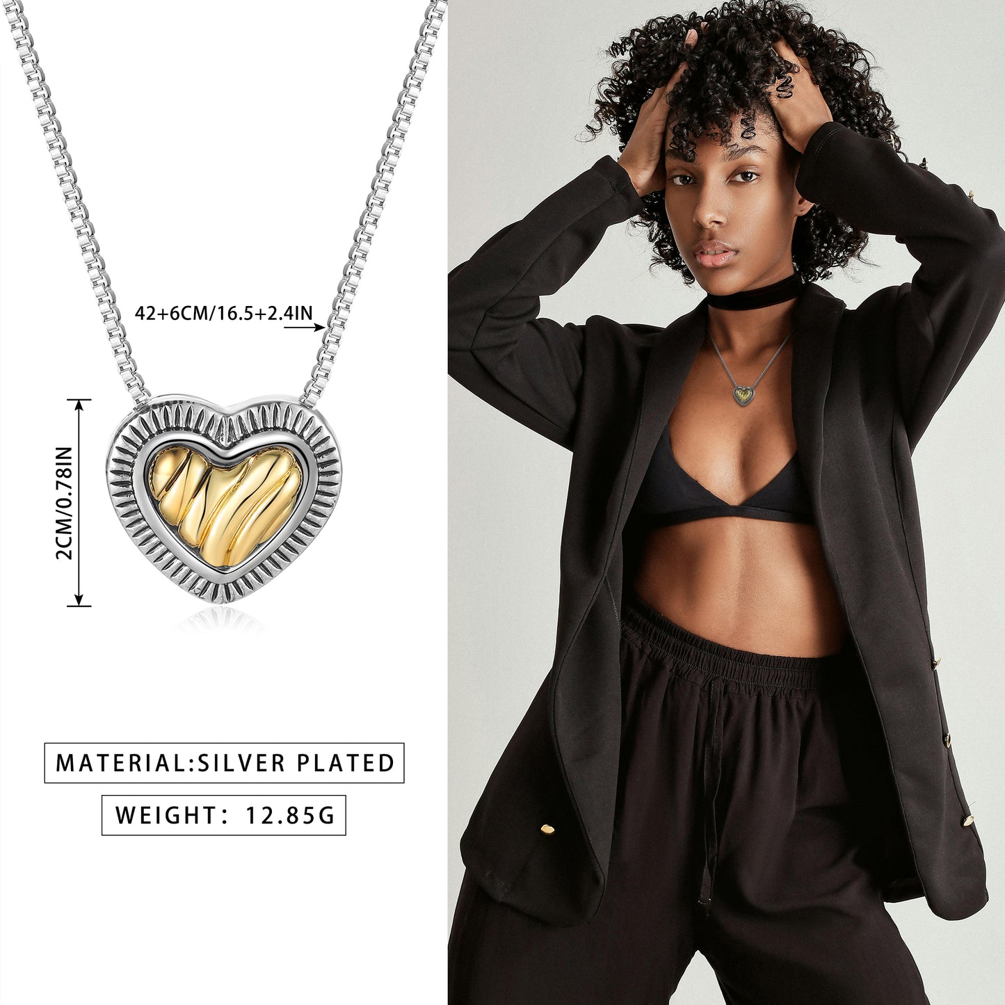 Aprilery Trendy Two Tone Chain Necklace for Women Heart Pendant Necklaces Jewelry Gifts